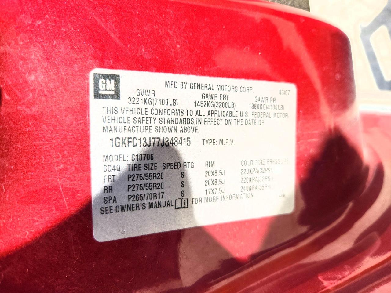 2007 Gmc Yukon Red vin: 1GKFC13J77J348415