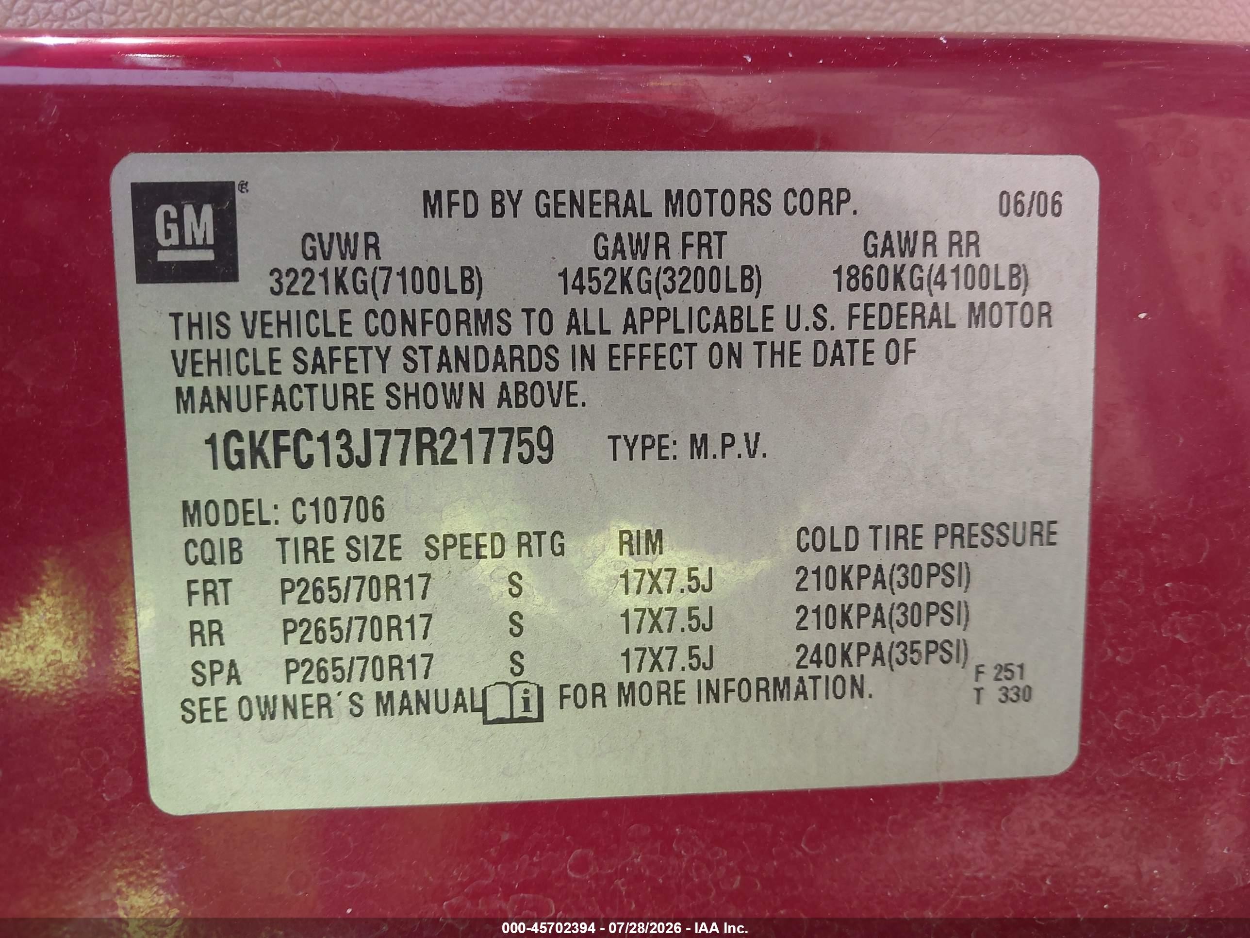 2007 Gmc Yukon Slt Red vin: 1GKFC13J77R217759