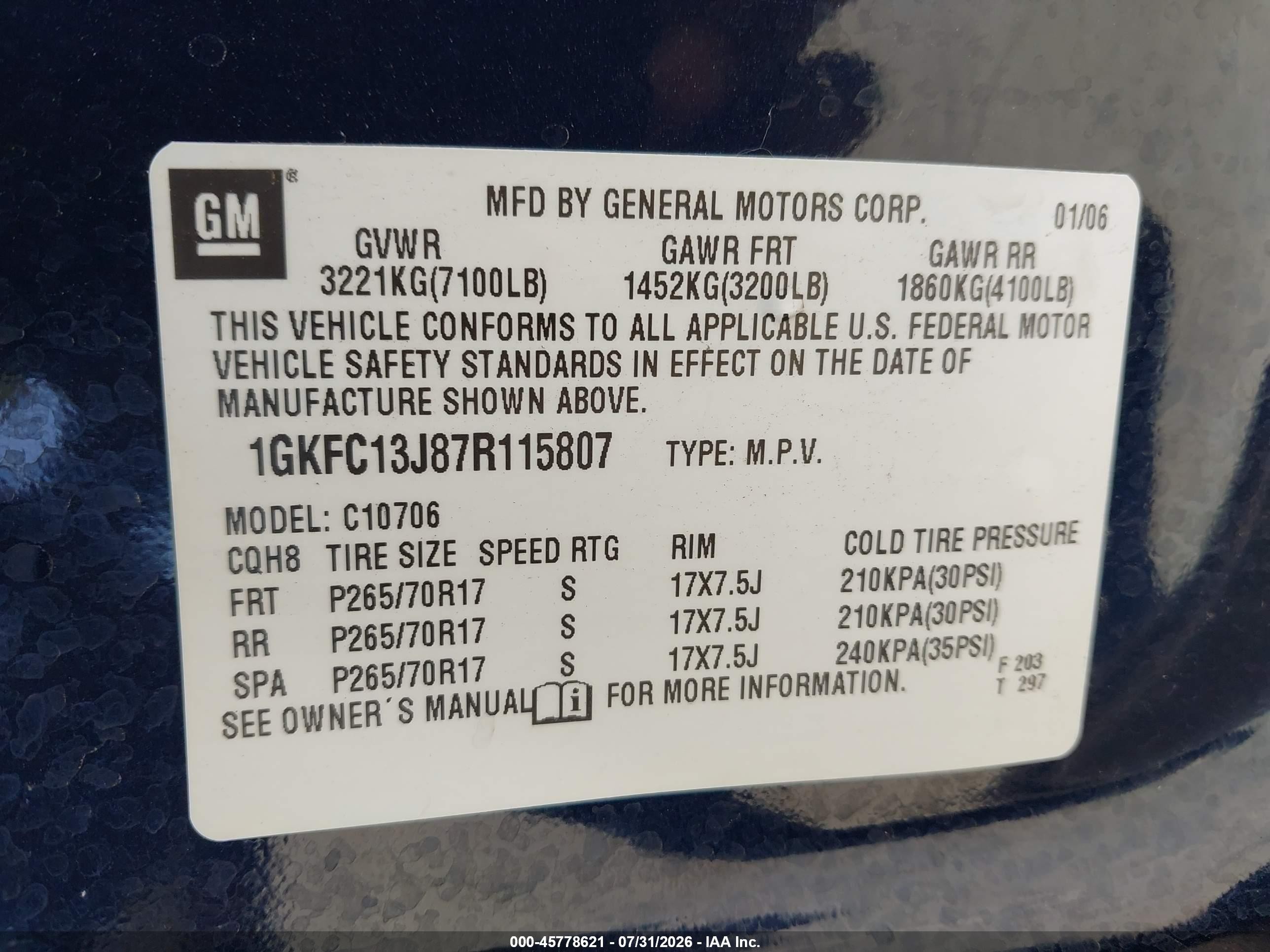 2007 Gmc Yukon Sle Blue vin: 1GKFC13J87R115807