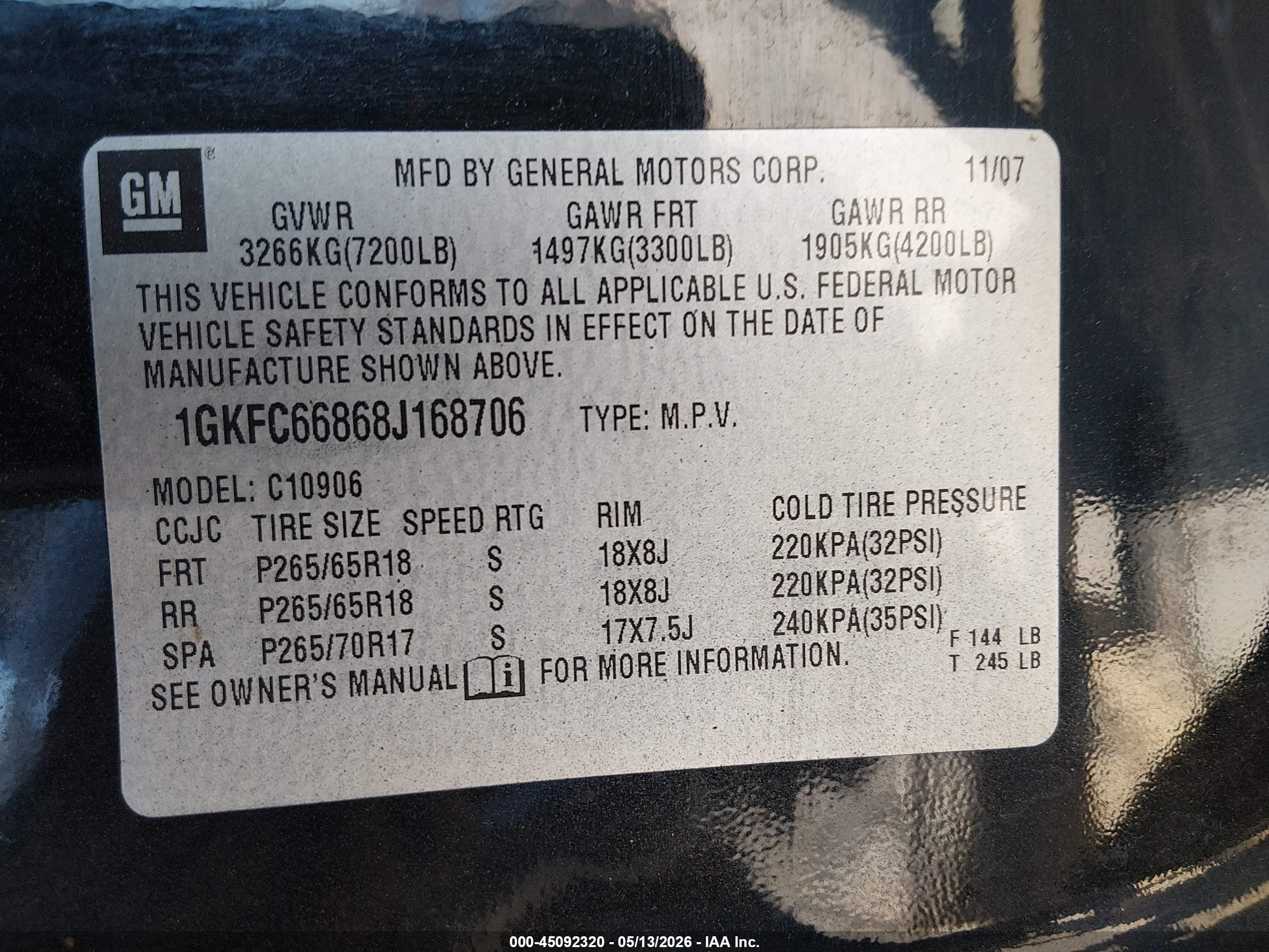 2008 Gmc Yukon Xl 1500 Denali Black vin: 1GKFC66868J168706