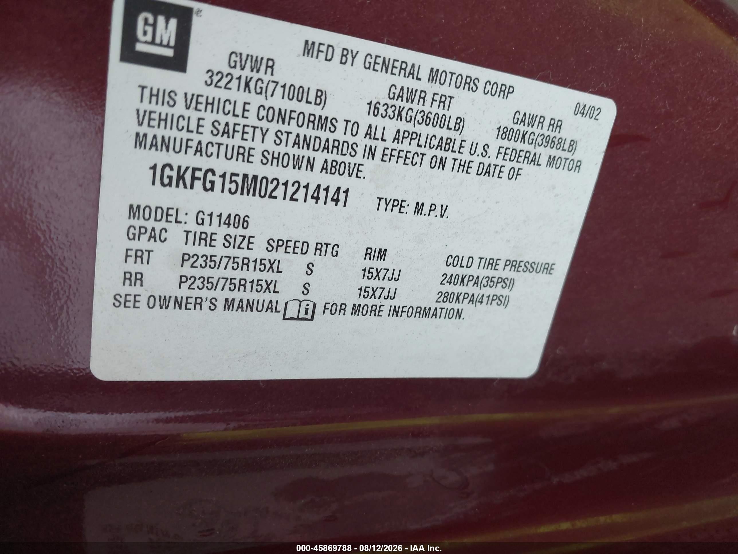 2002 Gmc Savana Passenger Standard Темно-бордовый vin: 1GKFG15M021214141