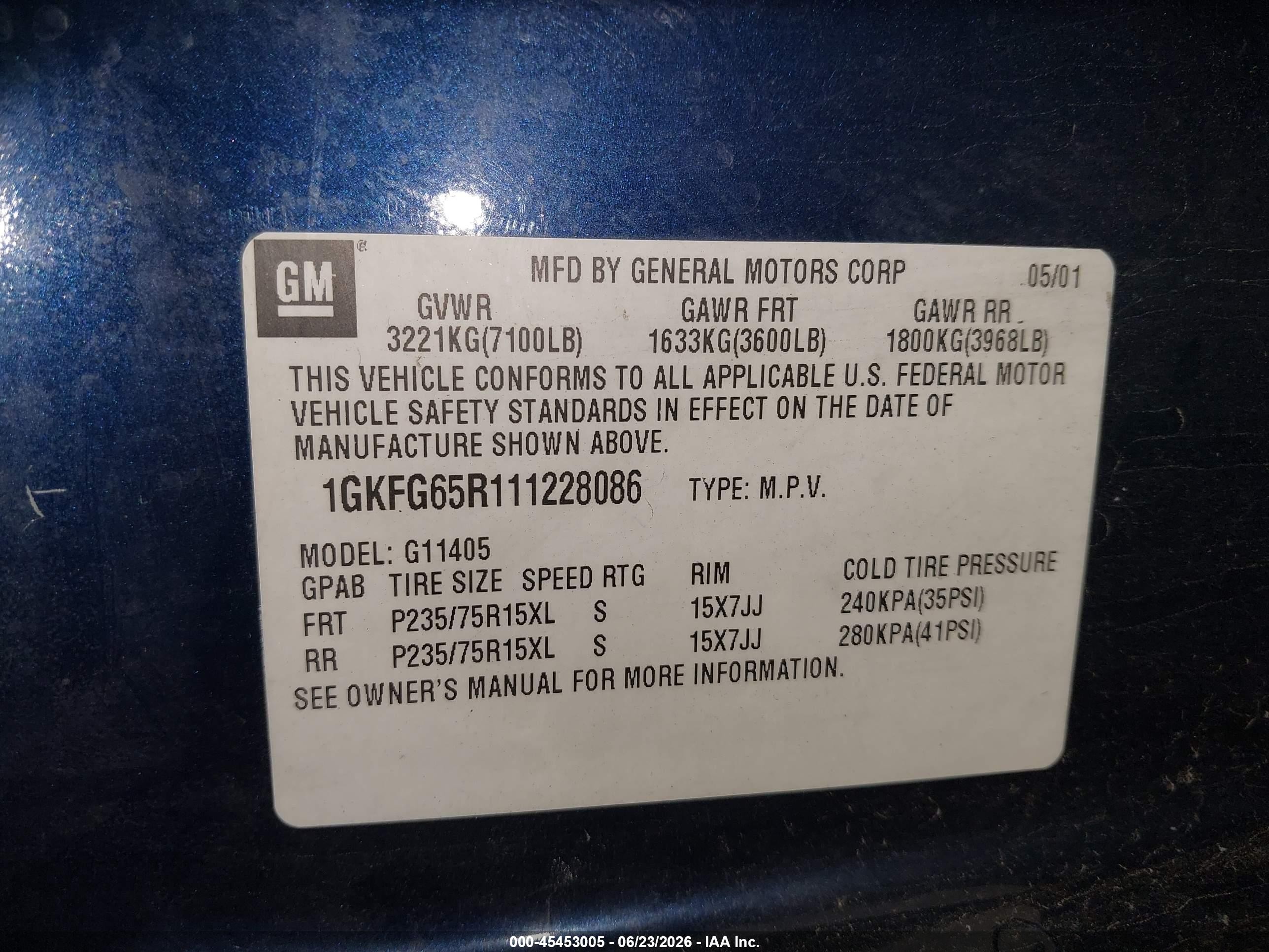 2001 Gmc Savana Slt   Синий vin: 1GKFG65R111228086