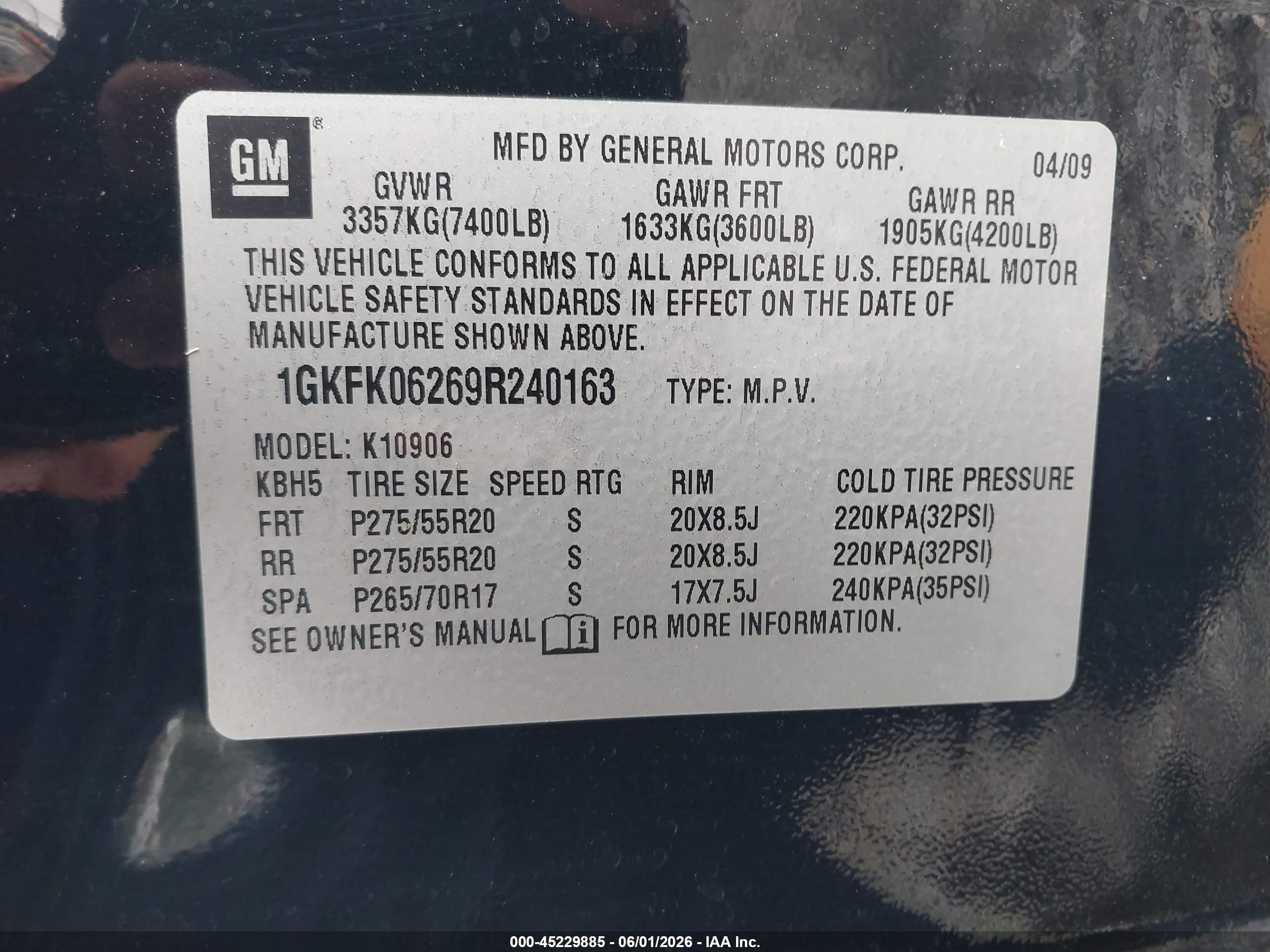 2009 Gmc Yukon Xl 1500 Denali Black vin: 1GKFK06269R240163