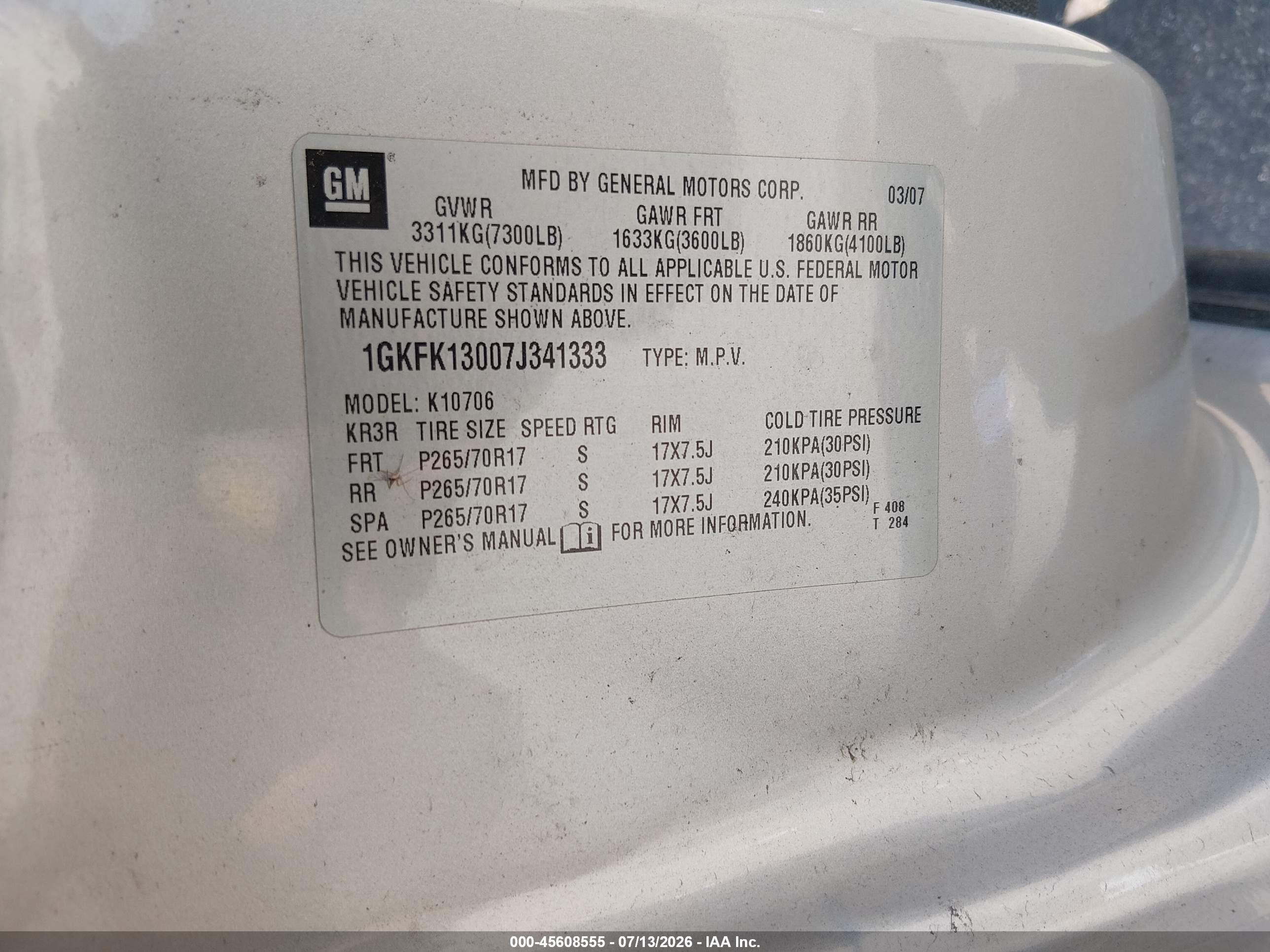 2007 Gmc Yukon Sle Gray vin: 1GKFK13007J341333
