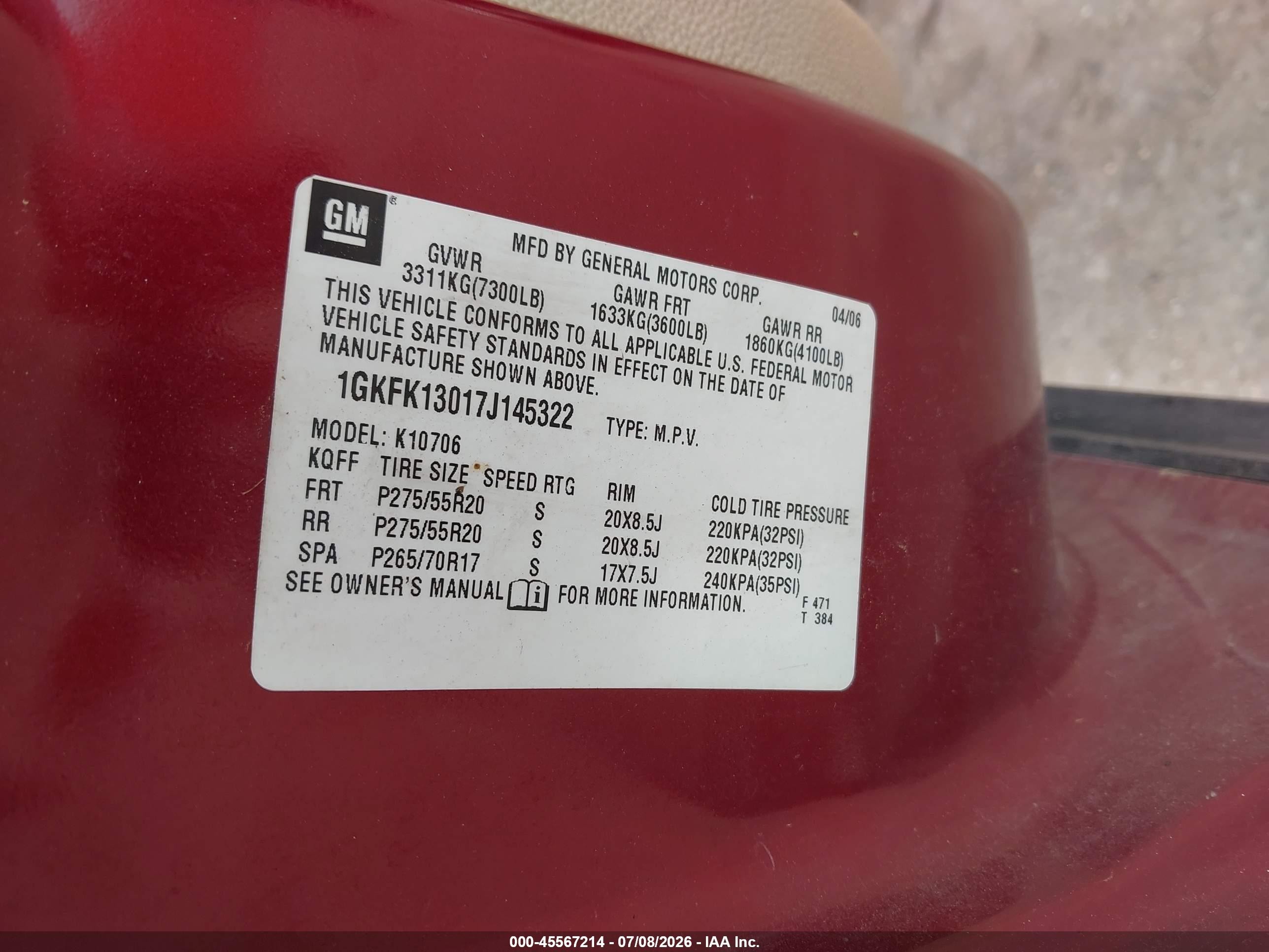 2007 Gmc Yukon Slt Red vin: 1GKFK13017J145322