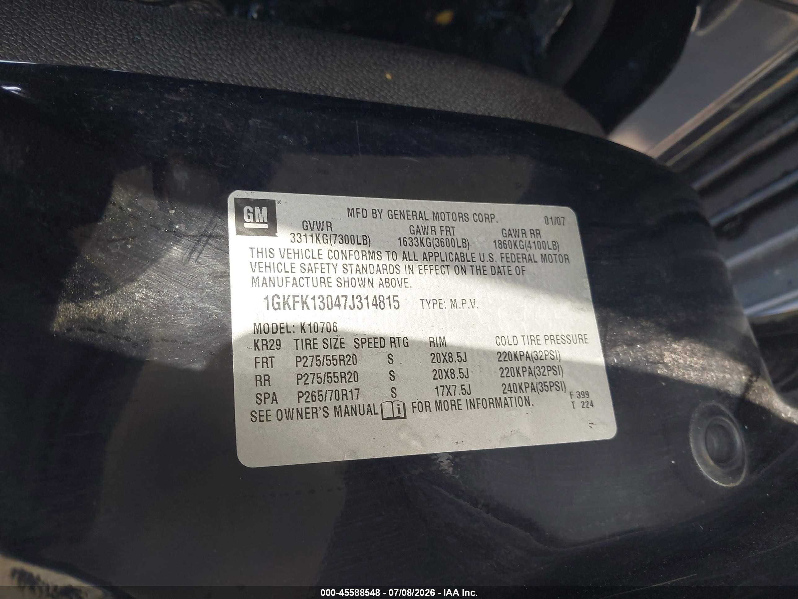 2007 Gmc Yukon Slt Black vin: 1GKFK13047J314815