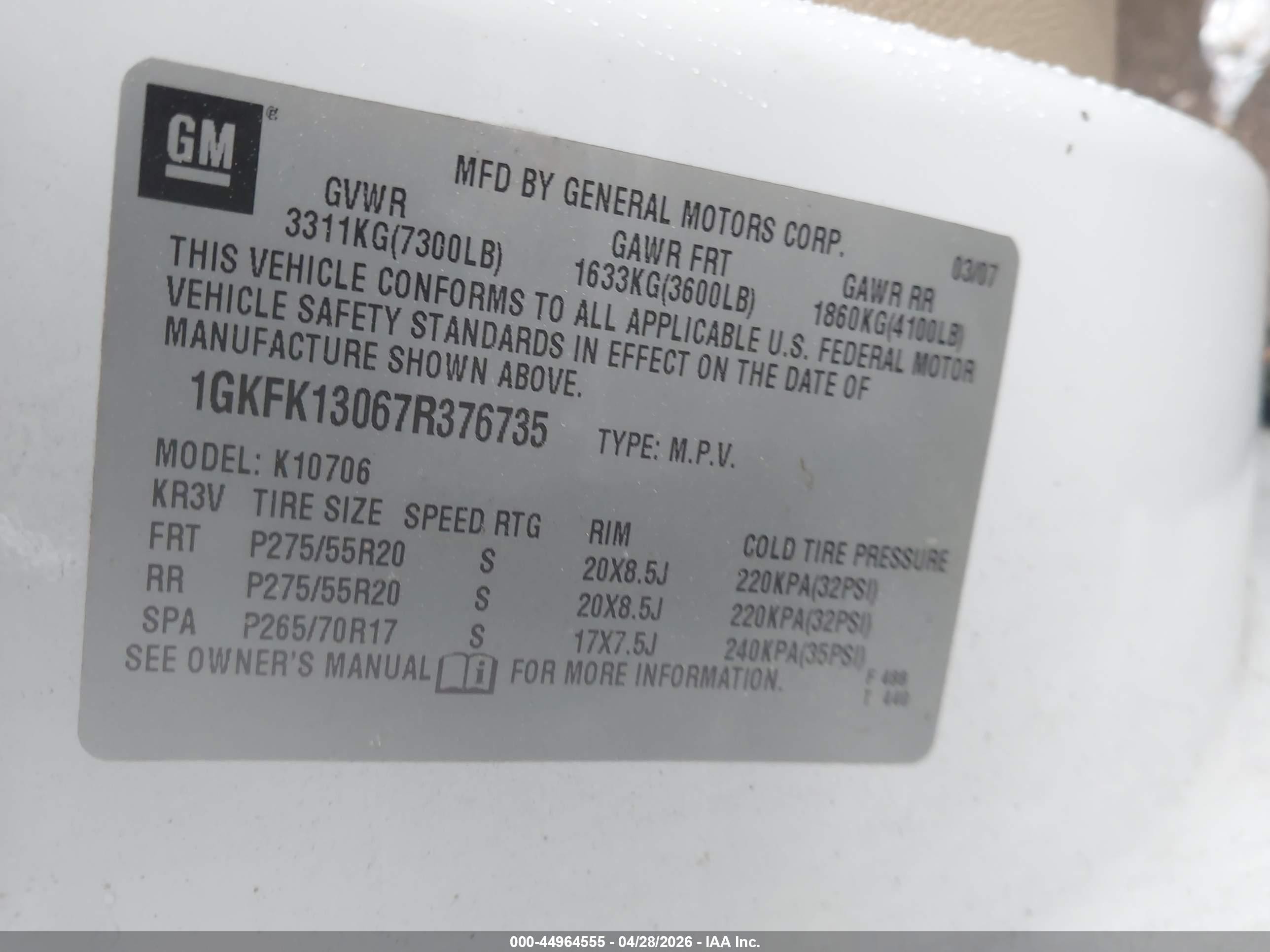 2007 Gmc Yukon Slt Белый vin: 1GKFK13067R376735