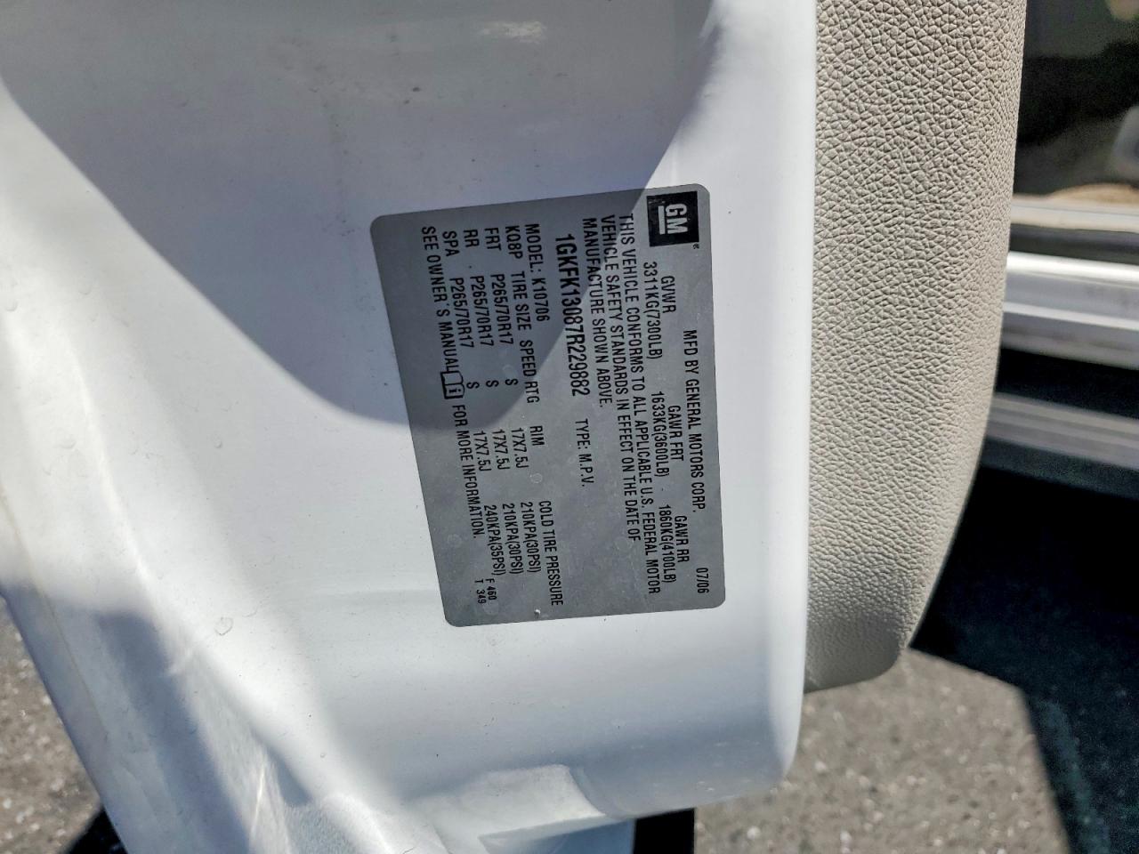 2007 Gmc Yukon White vin: 1GKFK13087R229882