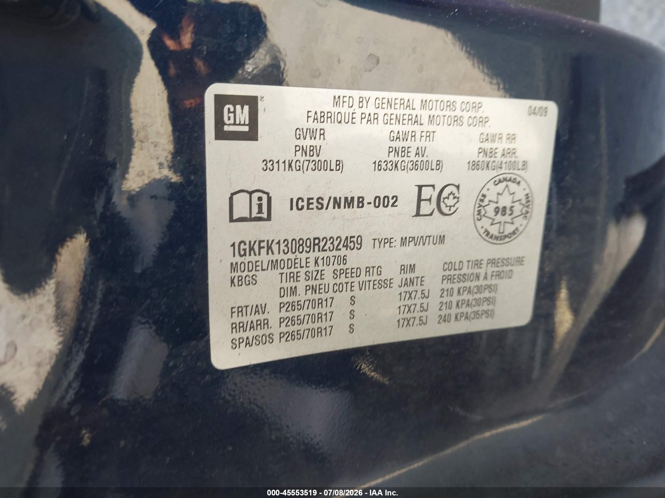 2009 Gmc Yukon Commercial Dark Blue vin: 1GKFK13089R232459