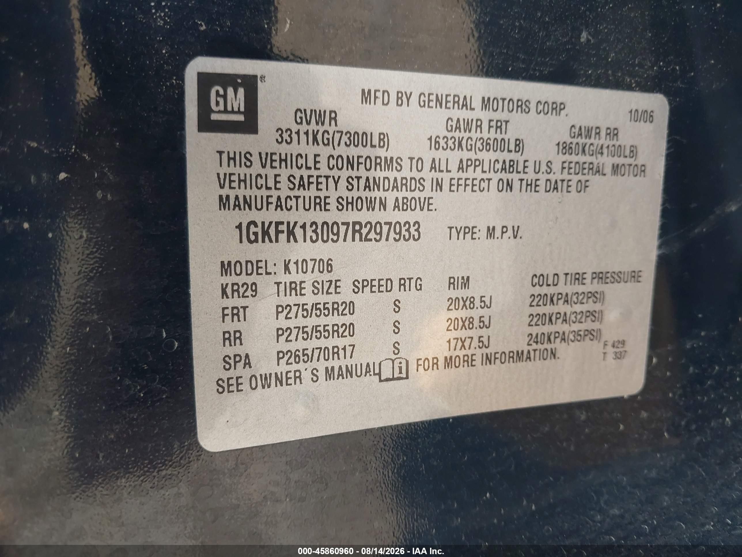 2007 Gmc Yukon Commercial Black vin: 1GKFK13097R297933