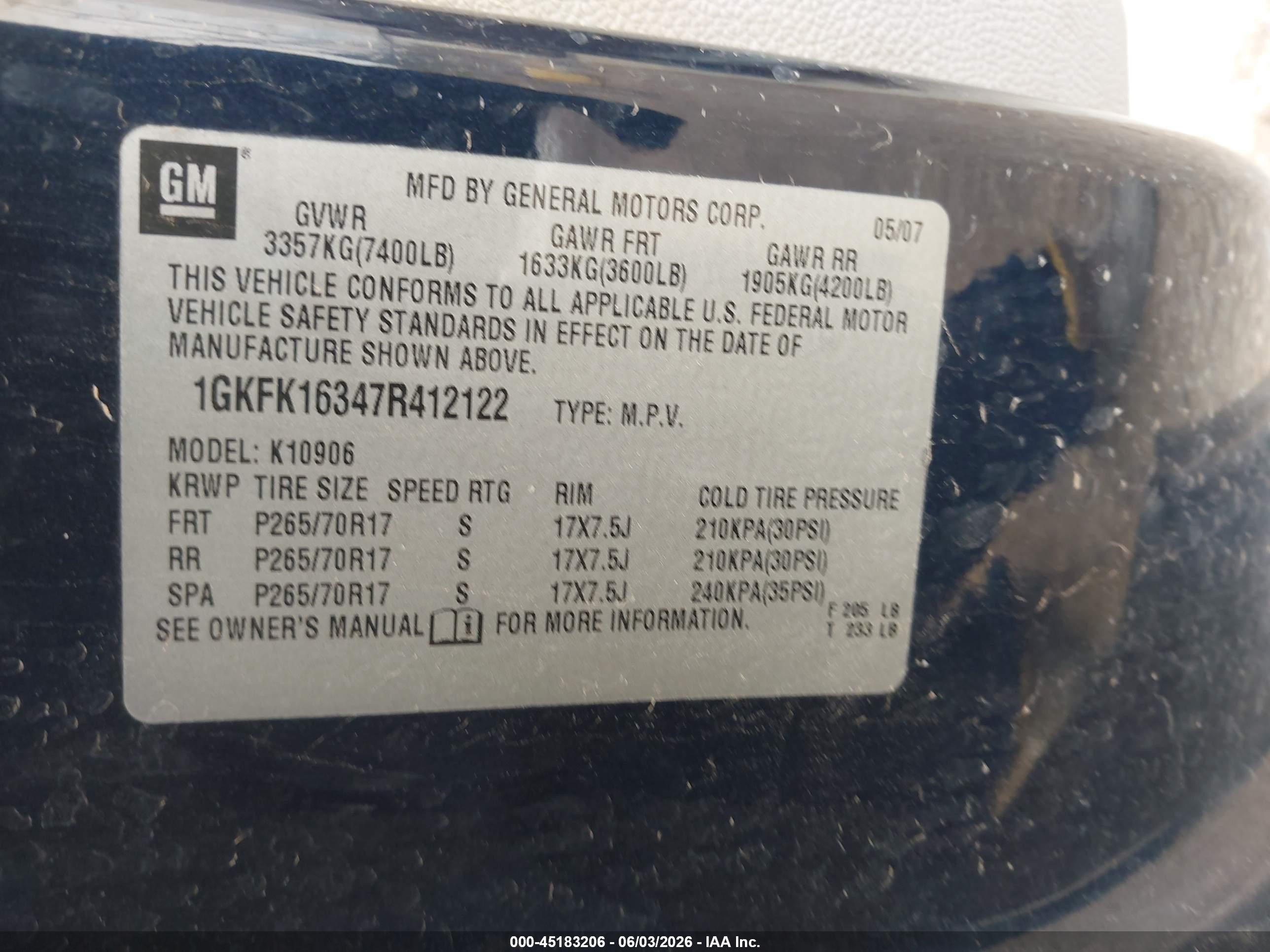 2007 Gmc Yukon Xl 1500 Sle Синий vin: 1GKFK16347R412122