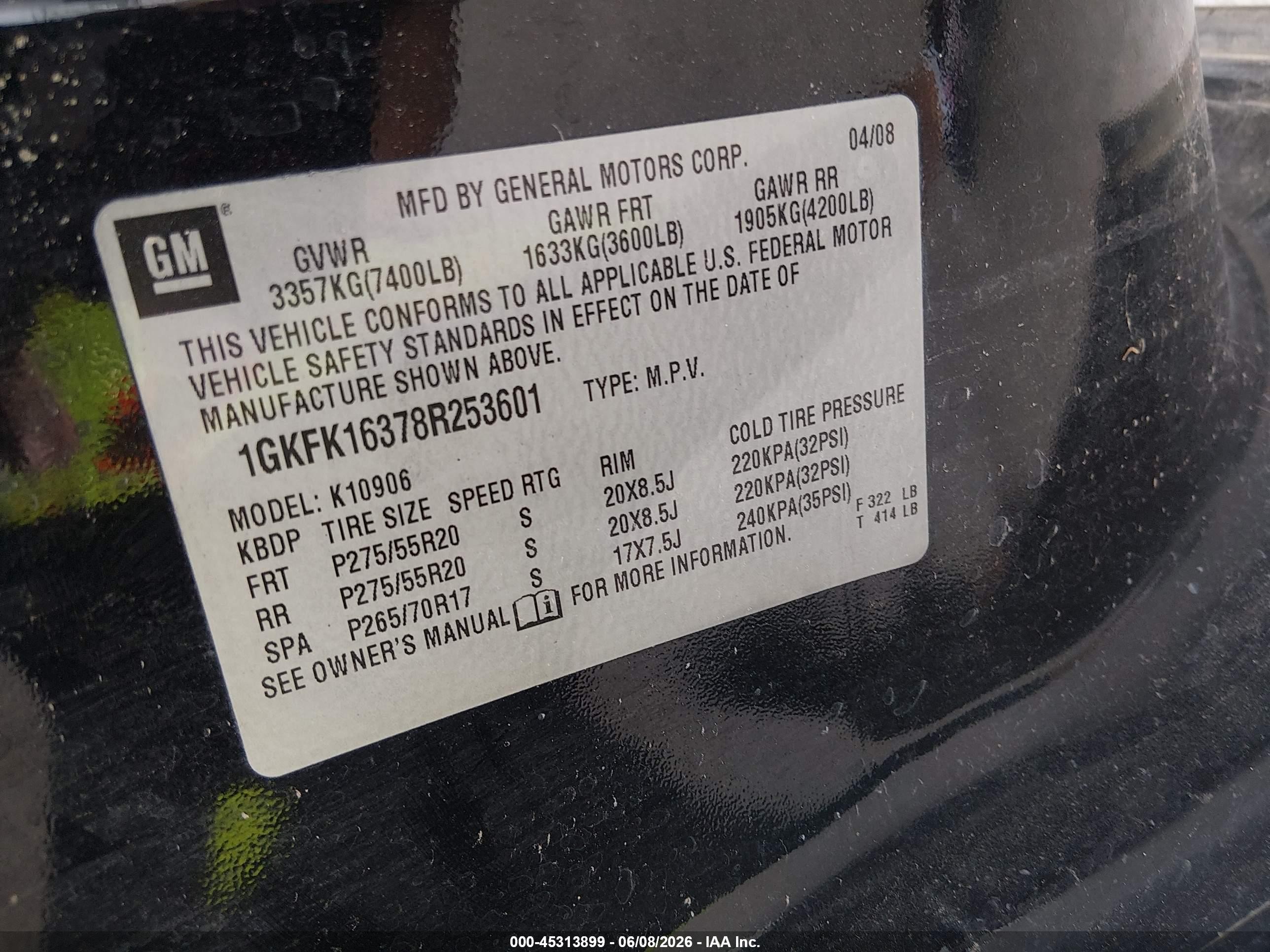 2008 Gmc Yukon Xl 1500 Slt Black vin: 1GKFK16378R253601