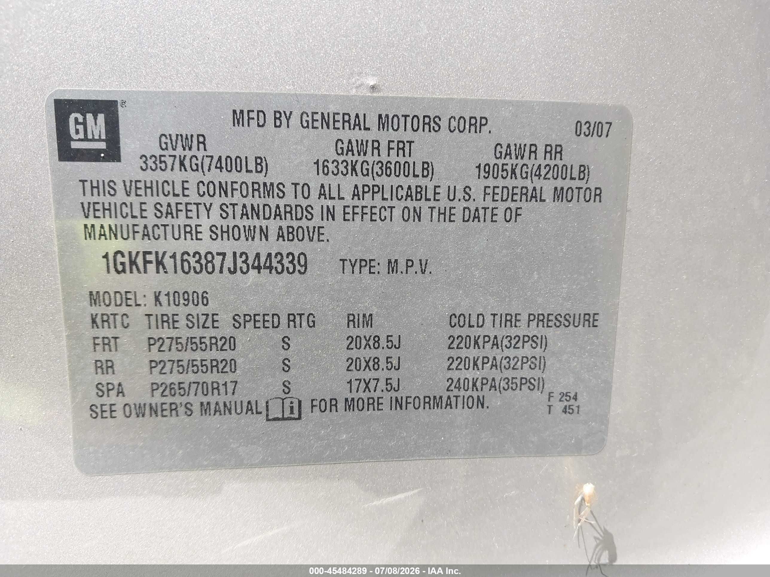 2007 Gmc Yukon Xl Slt Tan vin: 1GKFK16387J344339