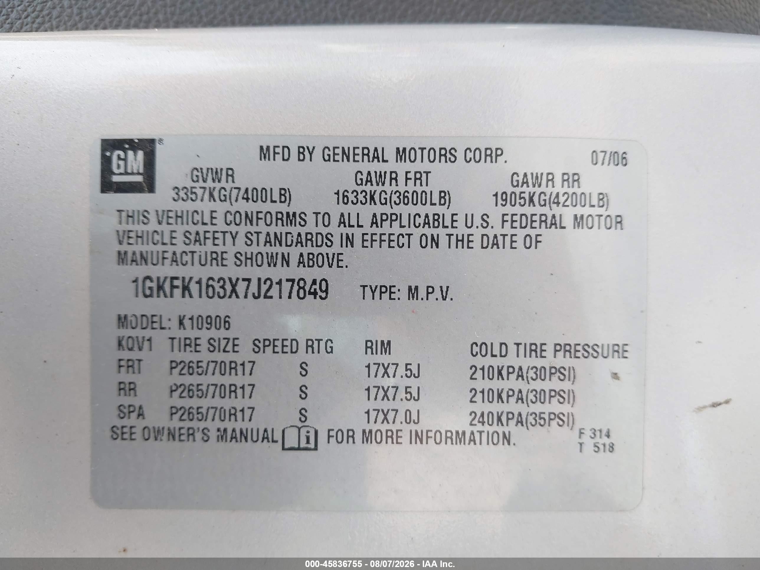 2007 Gmc Yukon Xl 1500 Slt Champagne vin: 1GKFK163X7J217849