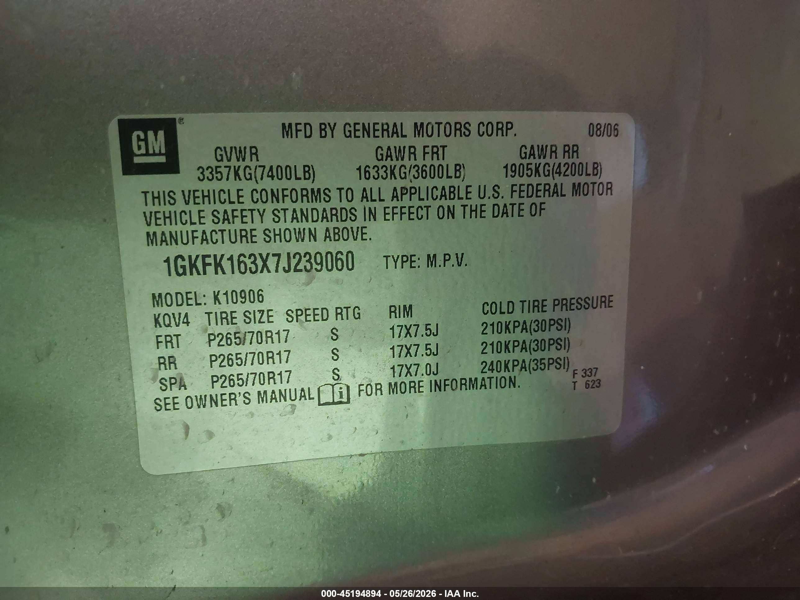 2007 Gmc Yukon Xl 1500 Slt Gray vin: 1GKFK163X7J239060