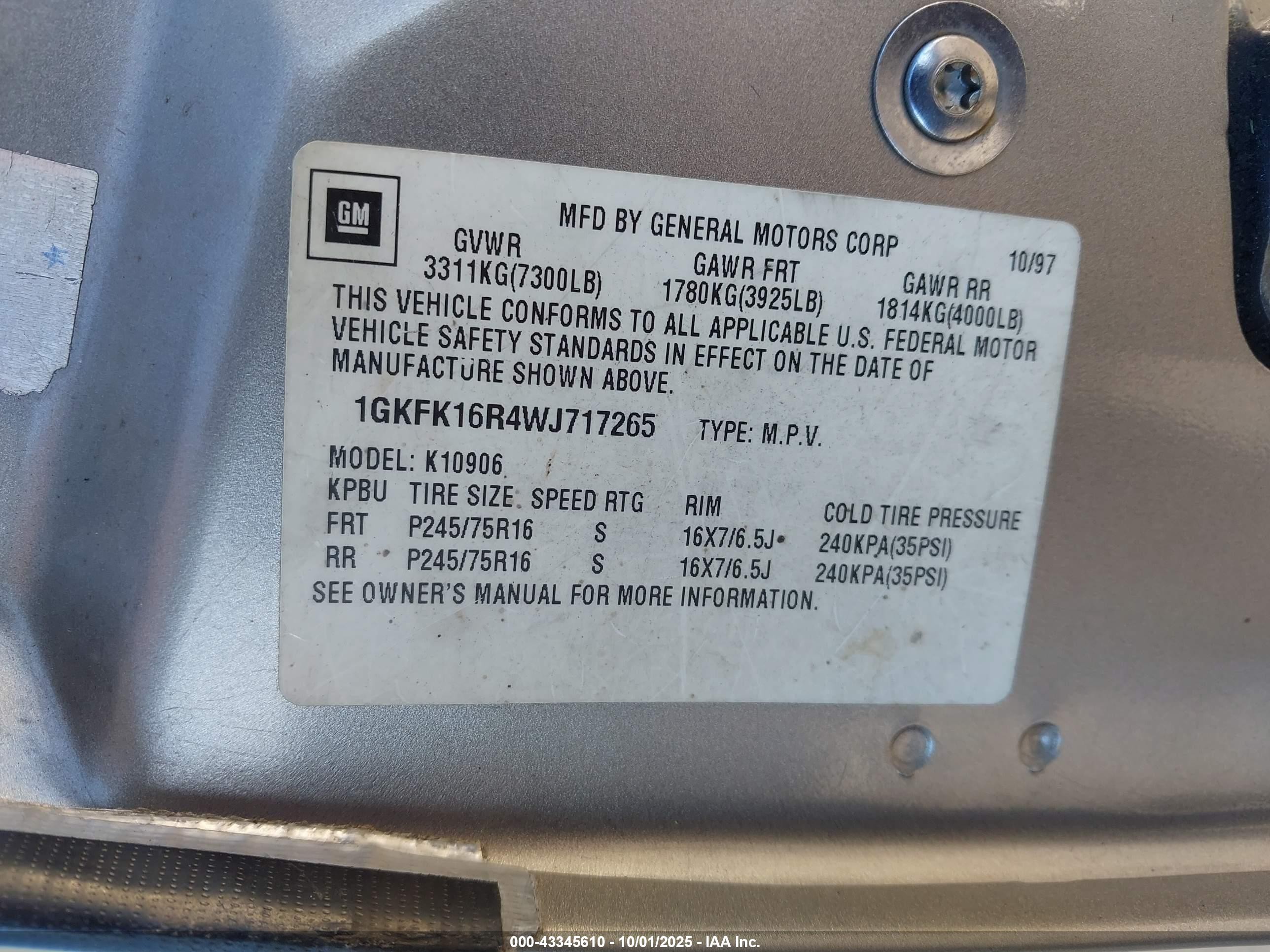 1998 Gmc Suburban 1500 Sl Champagne vin: 1GKFK16R4WJ717265