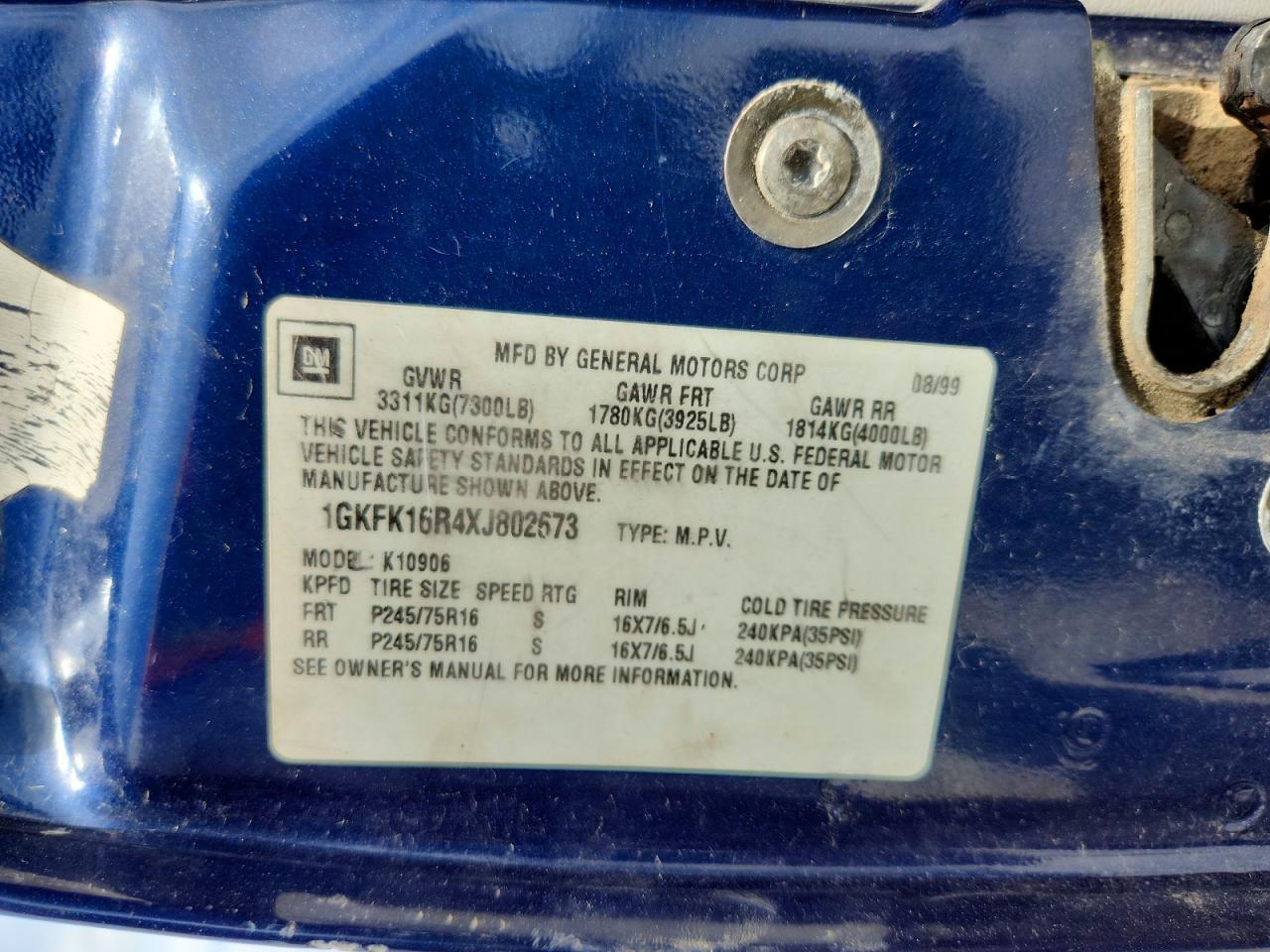 1999 Gmc Suburban K1500 Blue vin: 1GKFK16R4XJ802673