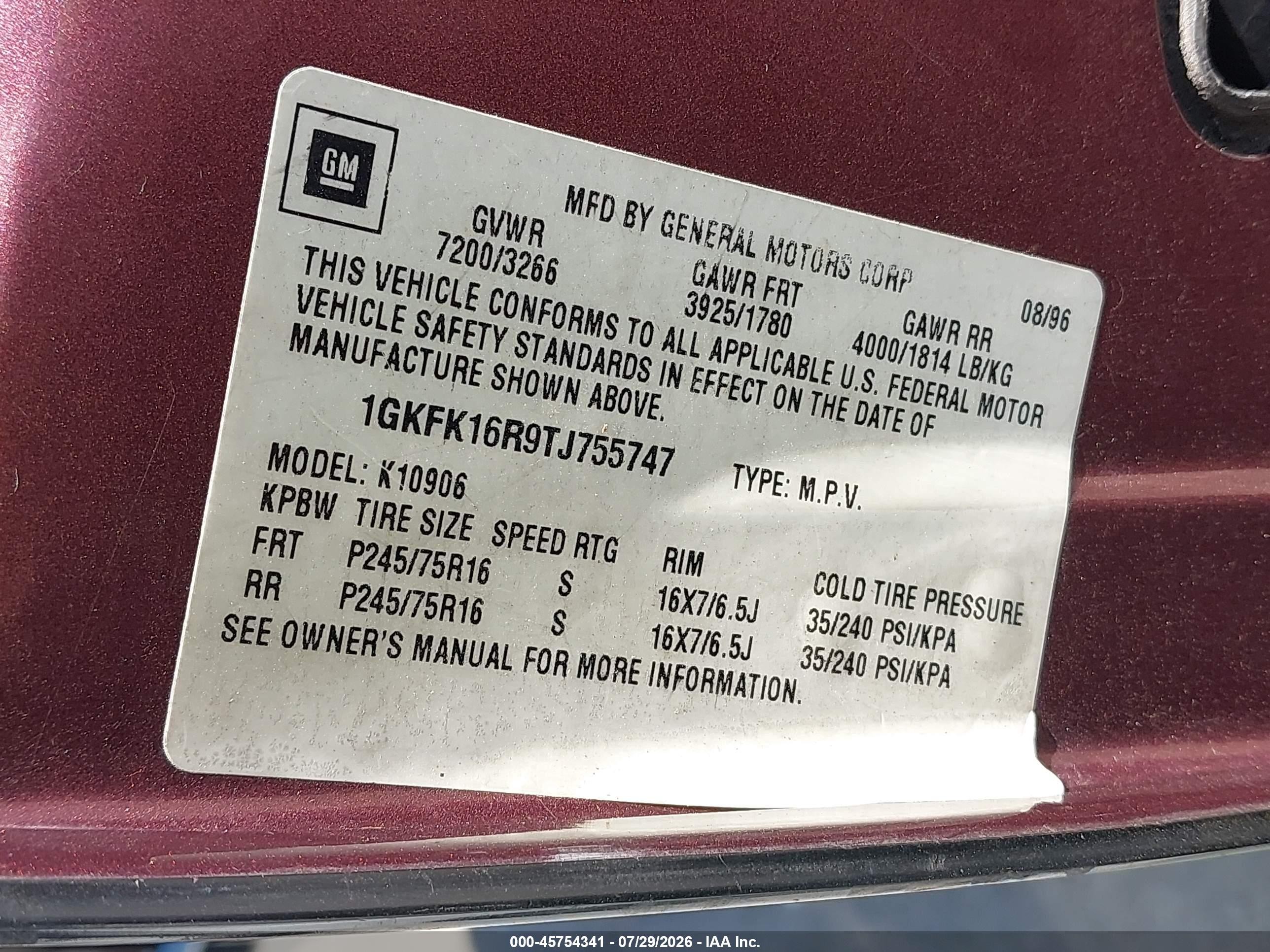 1996 Gmc Suburban K1500 Purple vin: 1GKFK16R9TJ755747