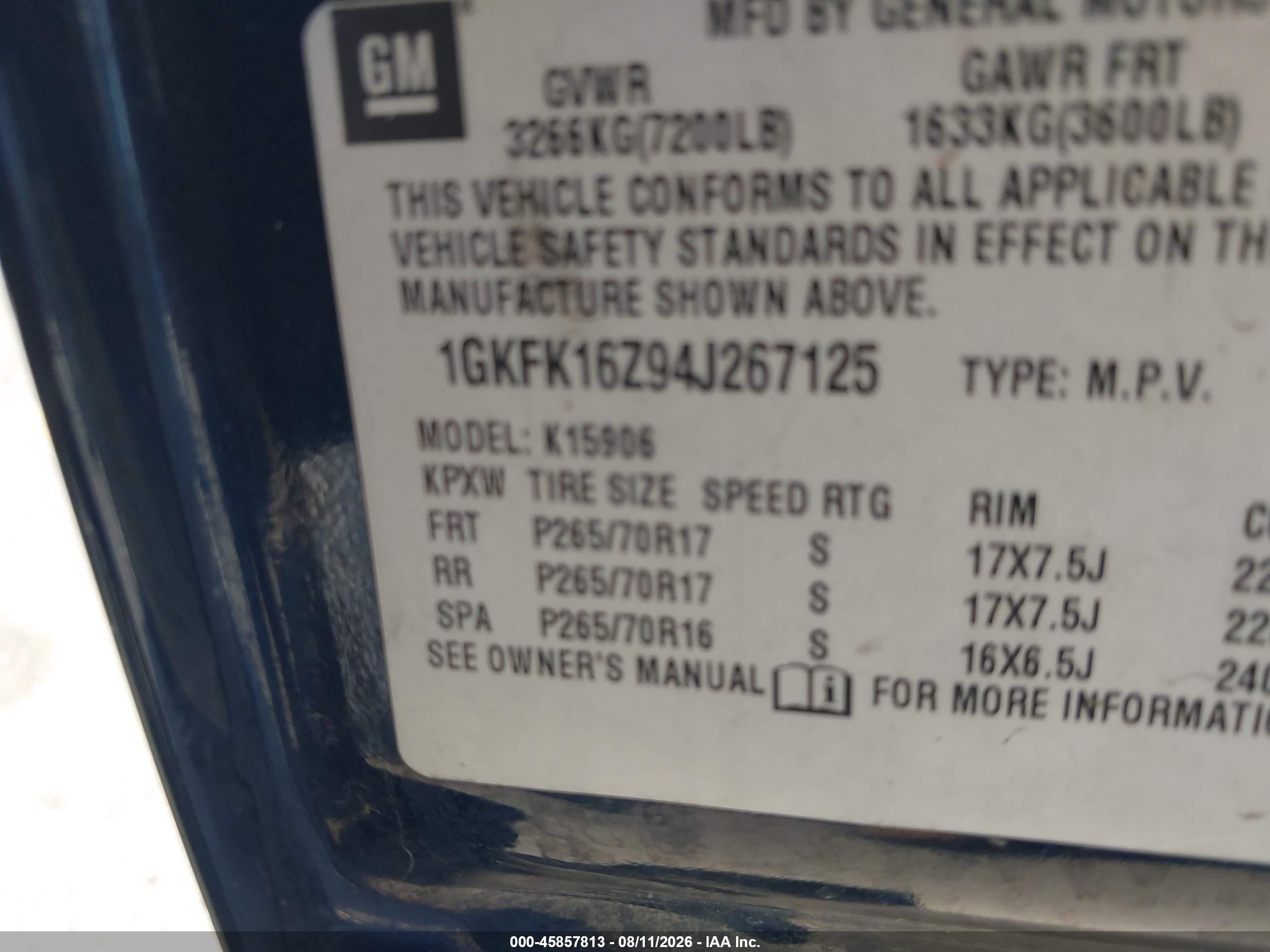 2004 Gmc Yukon Xl 1500 Slt Blue vin: 1GKFK16Z94J267125