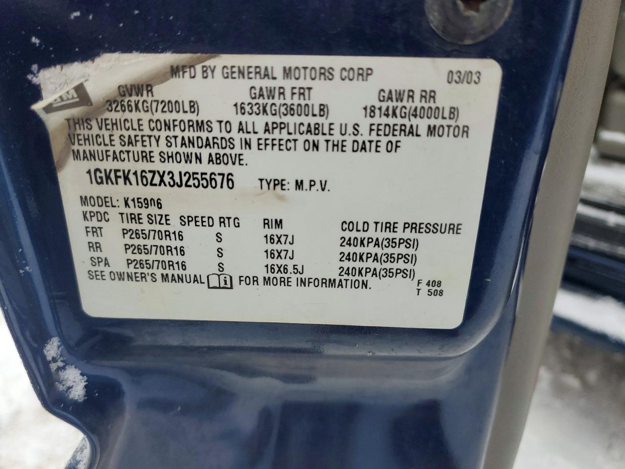 2003 Gmc Yukon Xl K1500 Blue vin: 1GKFK16ZX3J255676