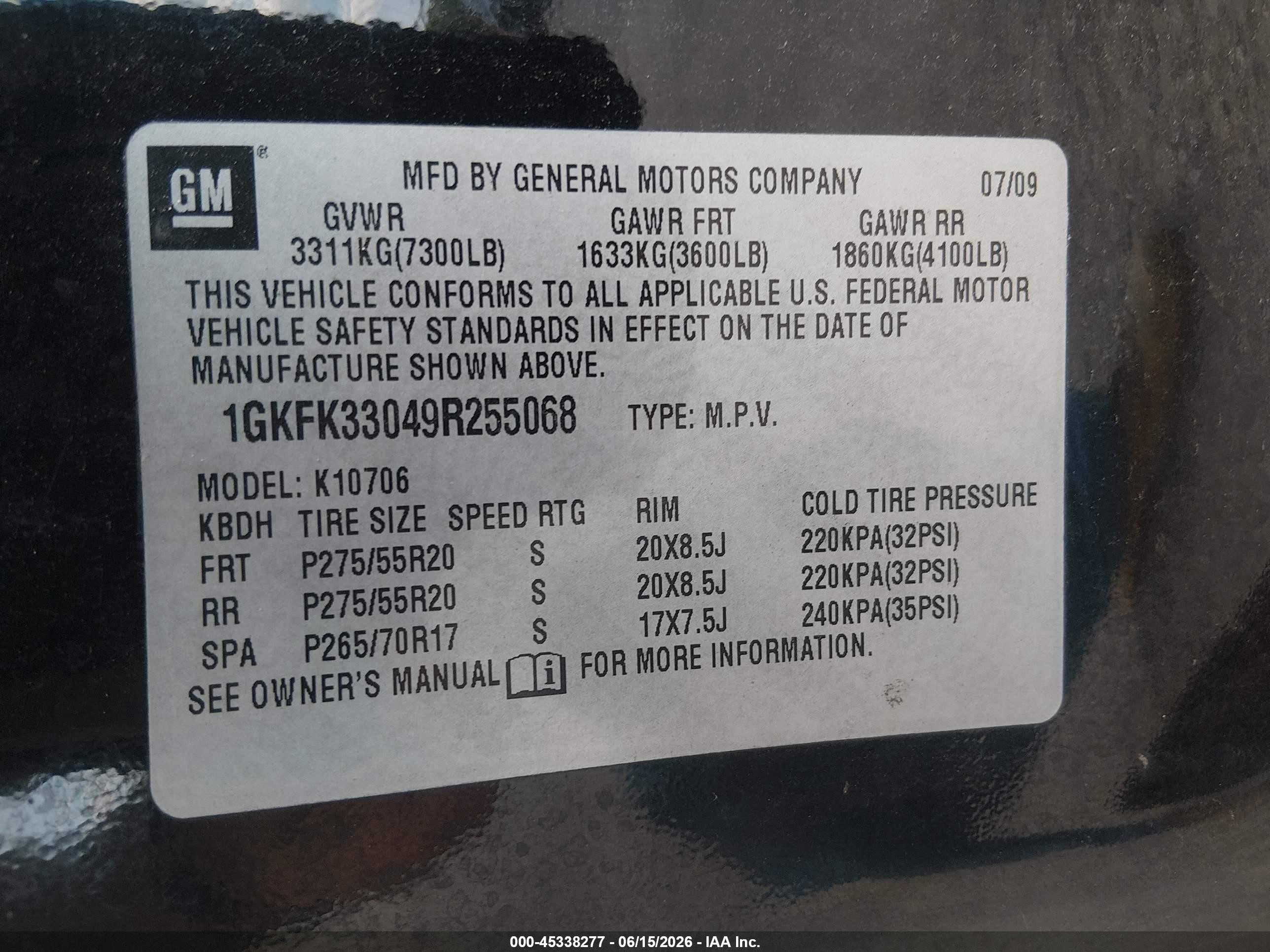 2009 Gmc Yukon Slt W/4sa Black vin: 1GKFK33049R255068