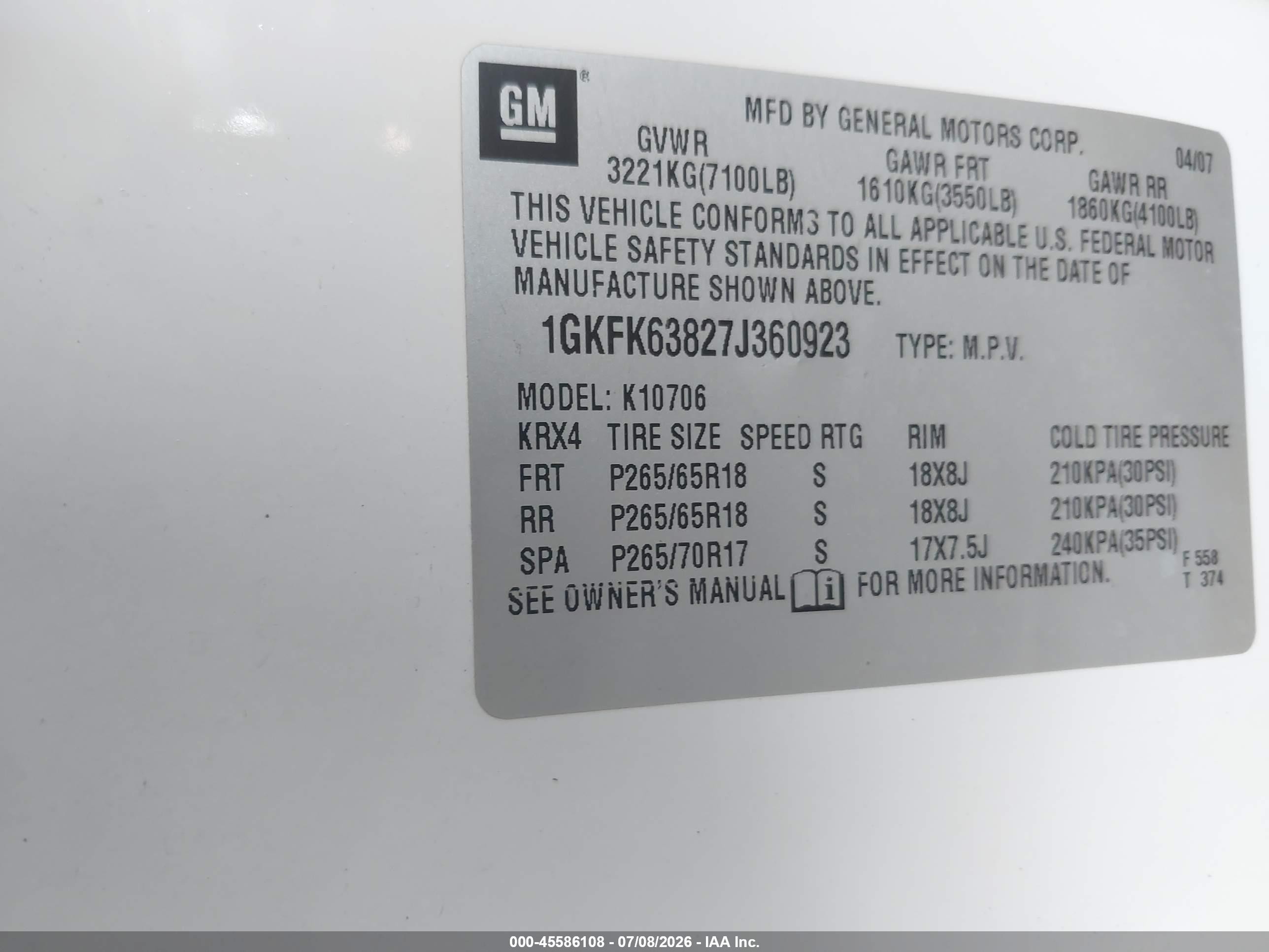 2007 Gmc Yukon Denali White vin: 1GKFK63827J360923