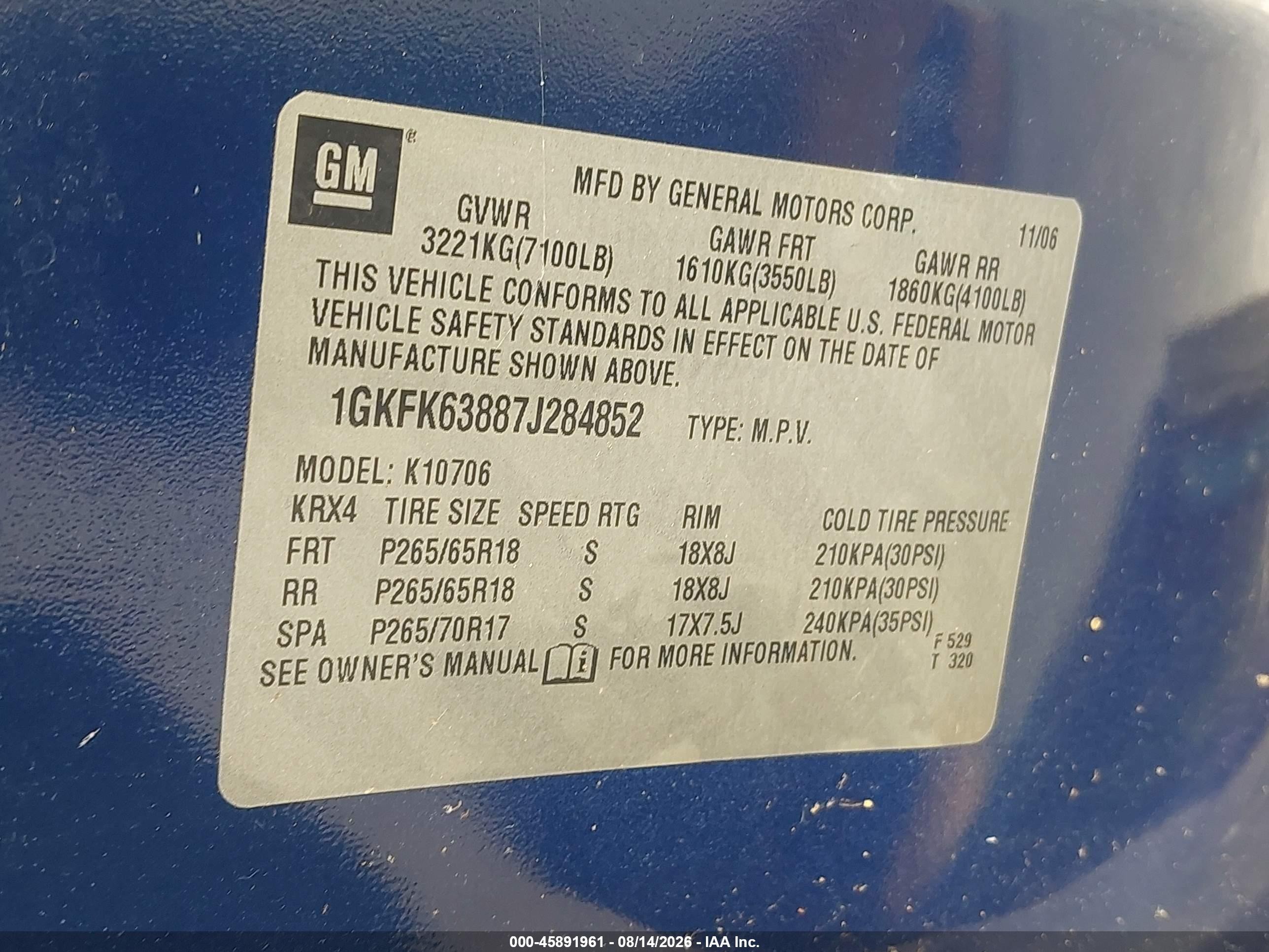 2007 Gmc Yukon Denali Denali Blue vin: 1GKFK63887J284852
