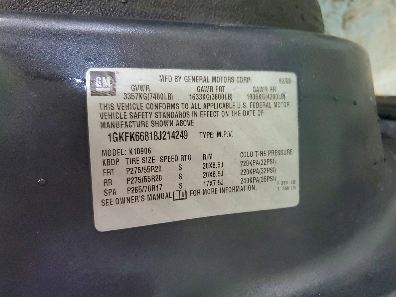 2008 Gmc Yukon Xl Denali Charcoal vin: 1GKFK66818J214249