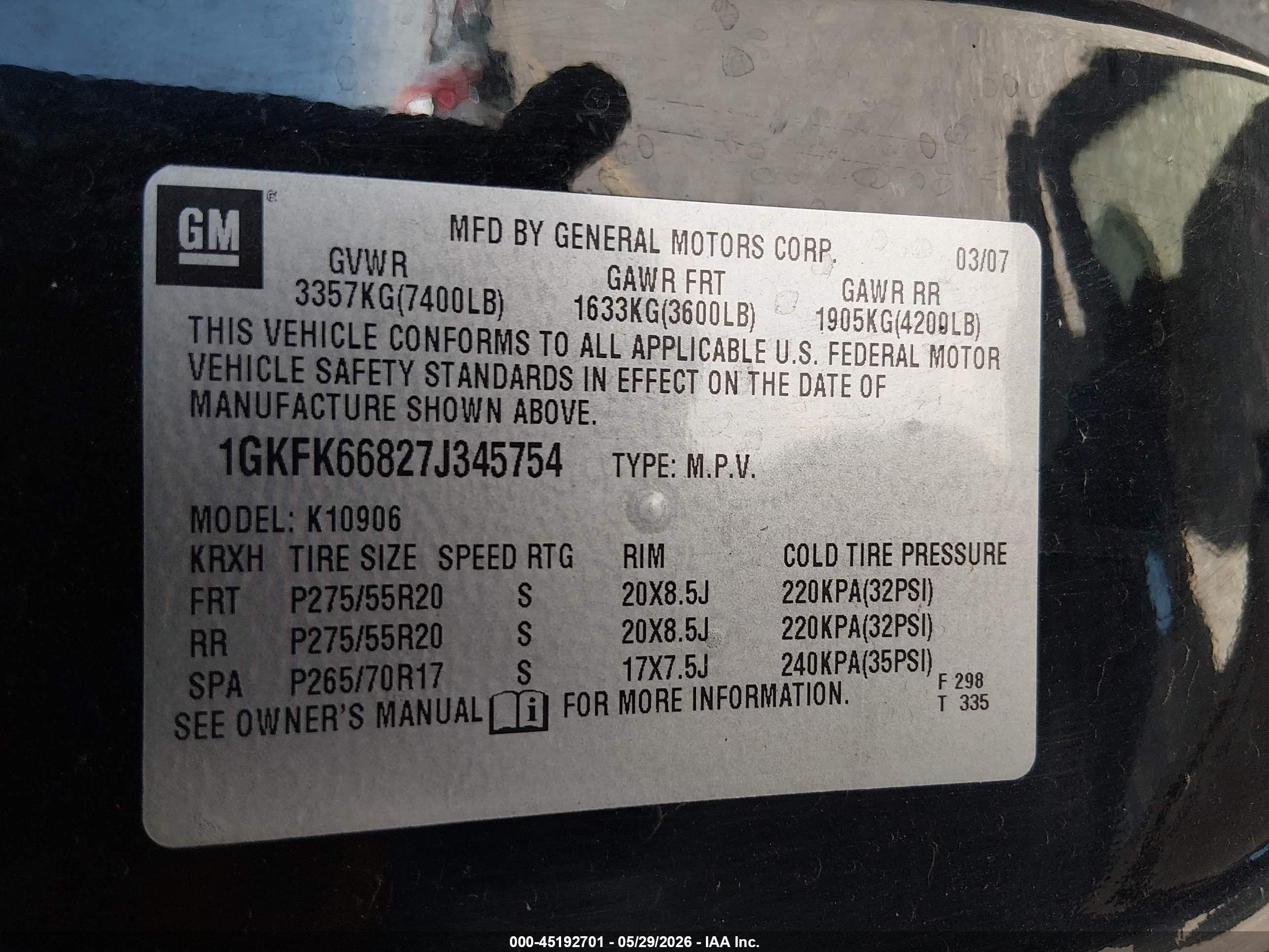 2007 Gmc Yukon Xl 1500 Denali Черный vin: 1GKFK66827J345754