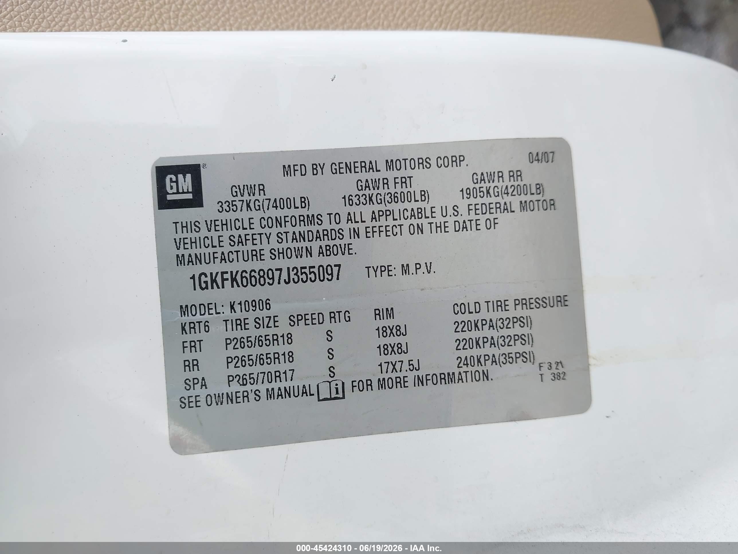 2007 Gmc Yukon Xl 1500 Denali White vin: 1GKFK66897J355097