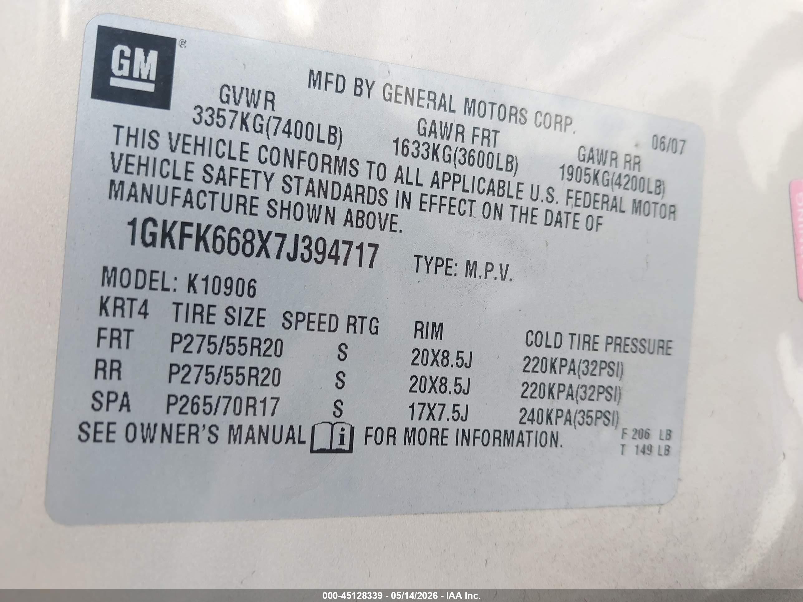 2007 Gmc Yukon Xl 1500 Denali Beige vin: 1GKFK668X7J394717