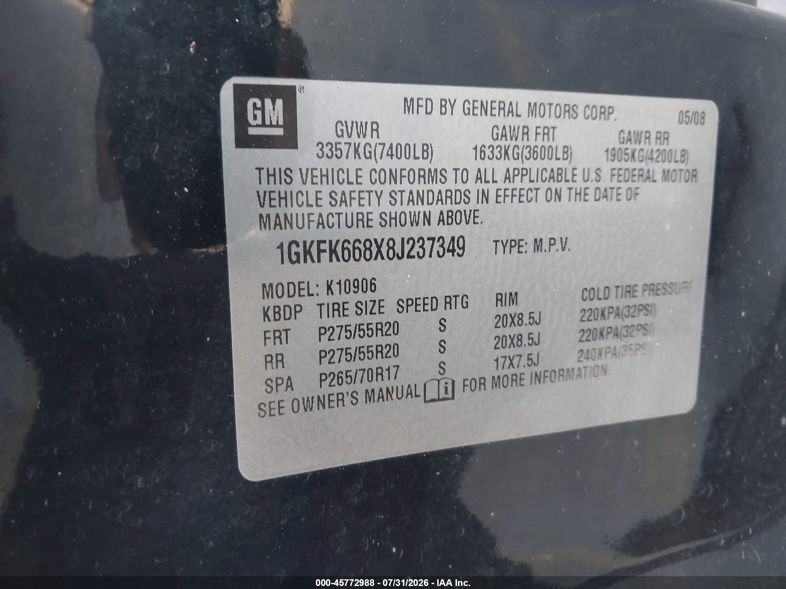 2008 Gmc Yukon Xl 1500 Denali Black vin: 1GKFK668X8J237349