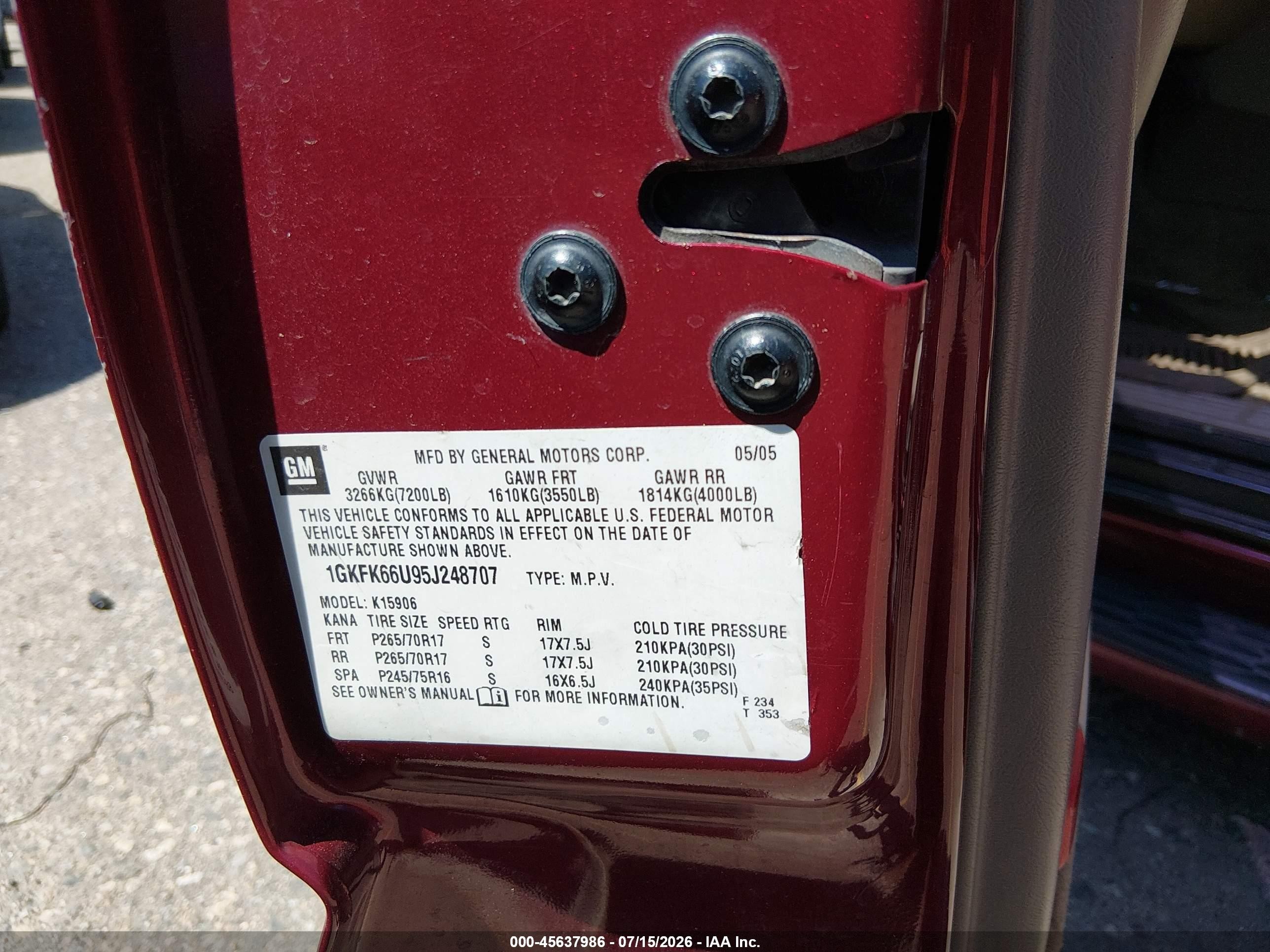 2005 Gmc Yukon Xl 1500 Denali Red vin: 1GKFK66U95J248707