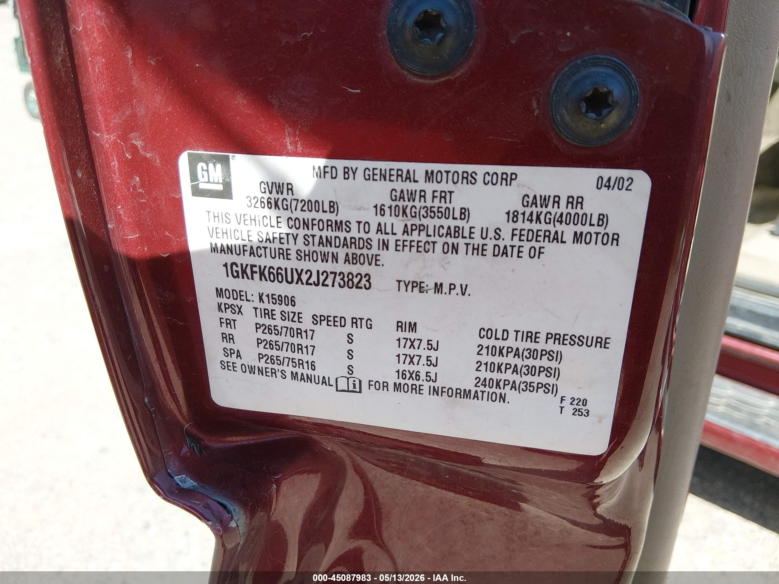 2002 Gmc Yukon Xl 1500 Denali Red vin: 1GKFK66UX2J273823