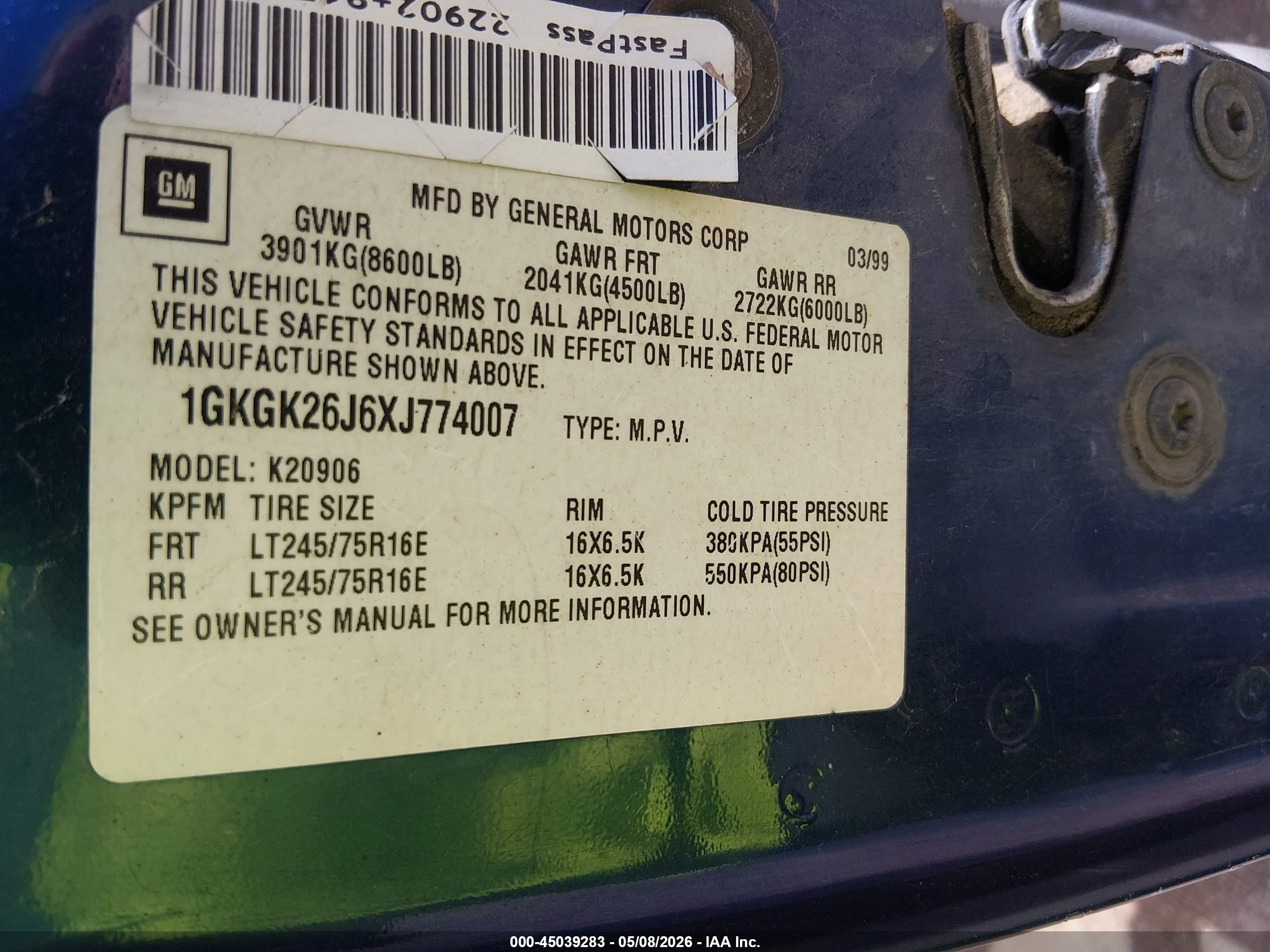 1999 Gmc Suburban 2500 Sl Синий vin: 1GKGK26J6XJ774007