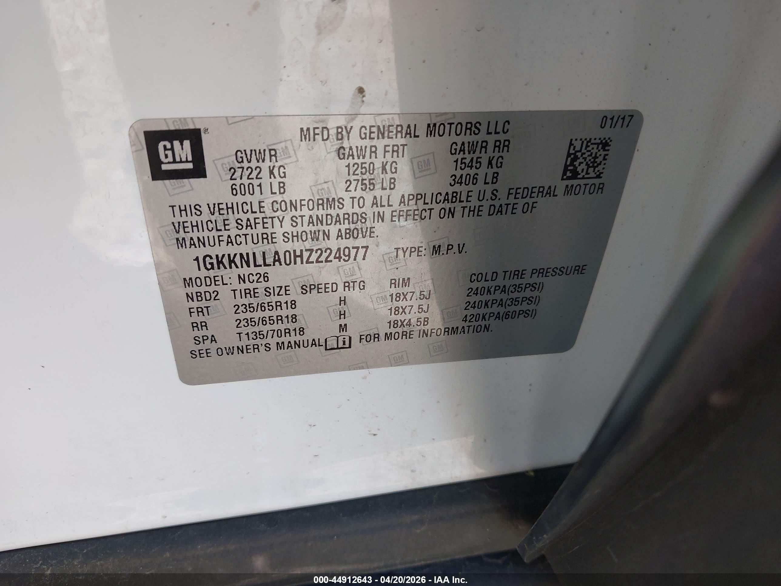 2017 Gmc Acadia Sle-2 White vin: 1GKKNLLA0HZ224977