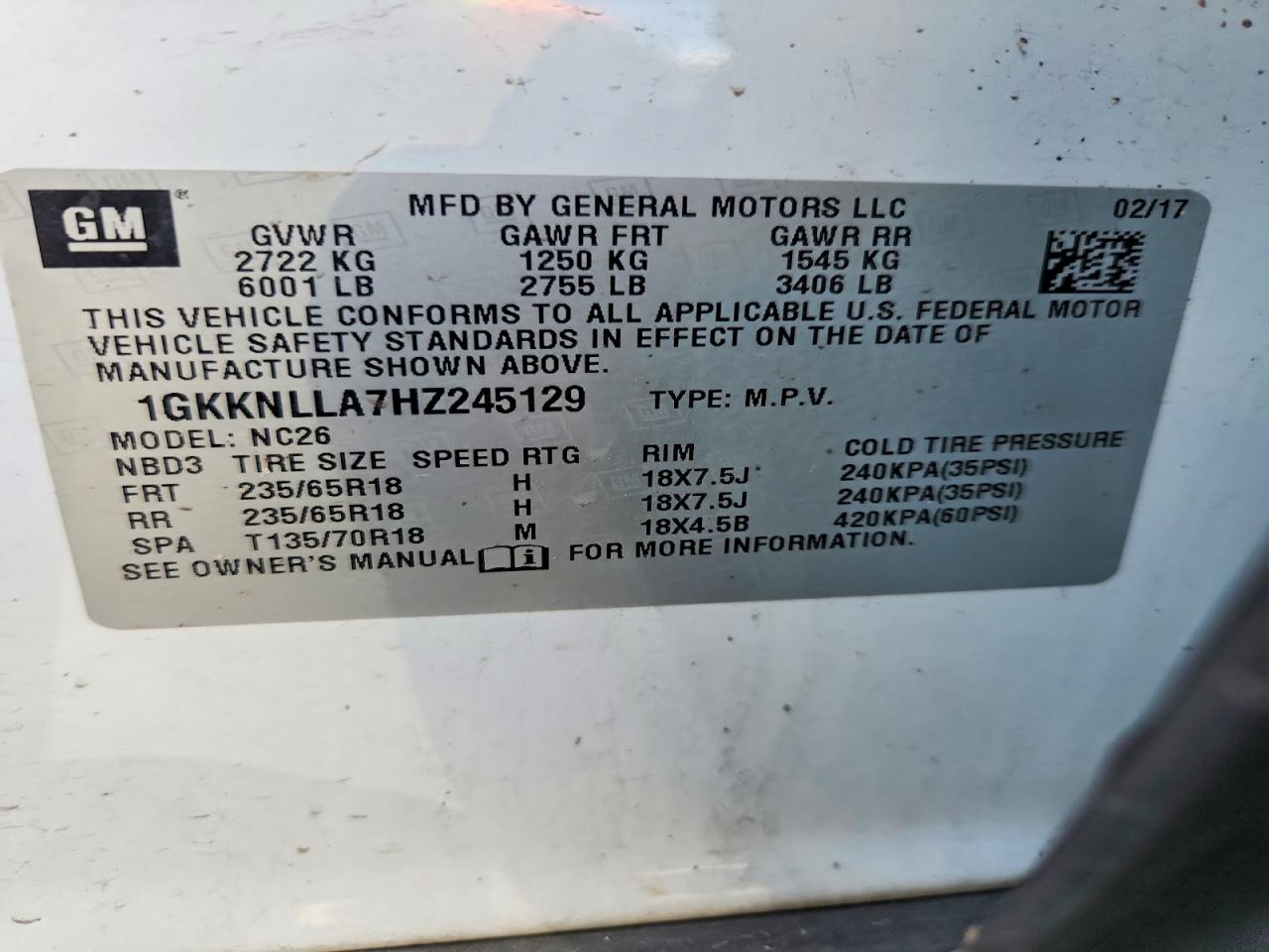 2017 Gmc Acadia Sle White vin: 1GKKNLLA7HZ245129