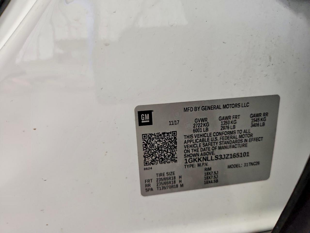 2018 Gmc Acadia Sle White vin: 1GKKNLLS3JZ165101