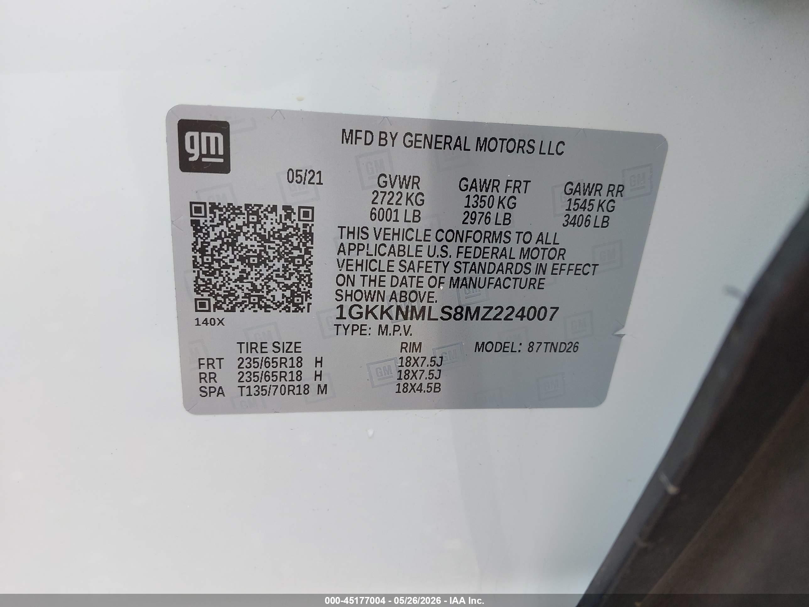 2021 Gmc Acadia Fwd Slt White vin: 1GKKNMLS8MZ224007