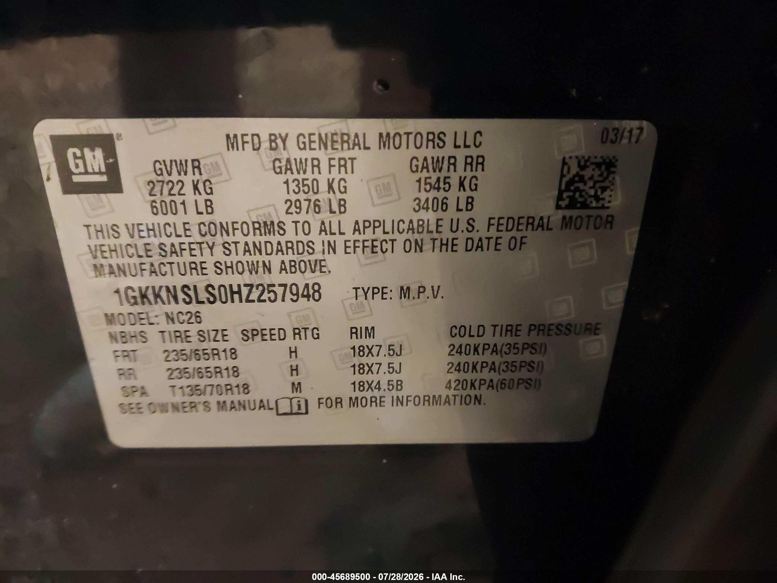 2017 Gmc Acadia Sle-2 Blue vin: 1GKKNSLS0HZ257948