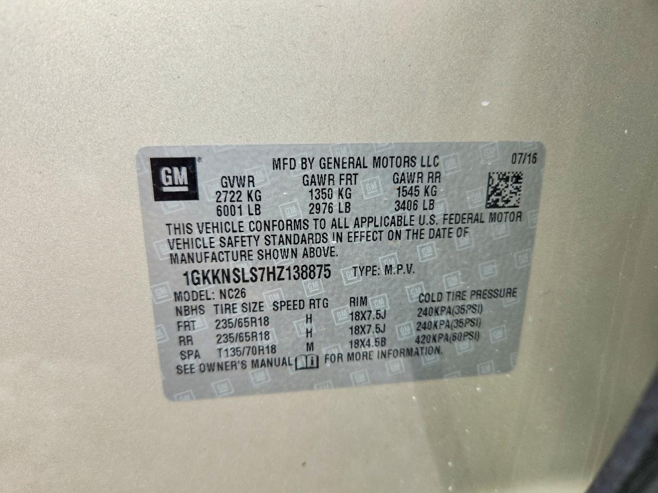 2017 Gmc Acadia Sle Бежевый vin: 1GKKNSLS7HZ138875