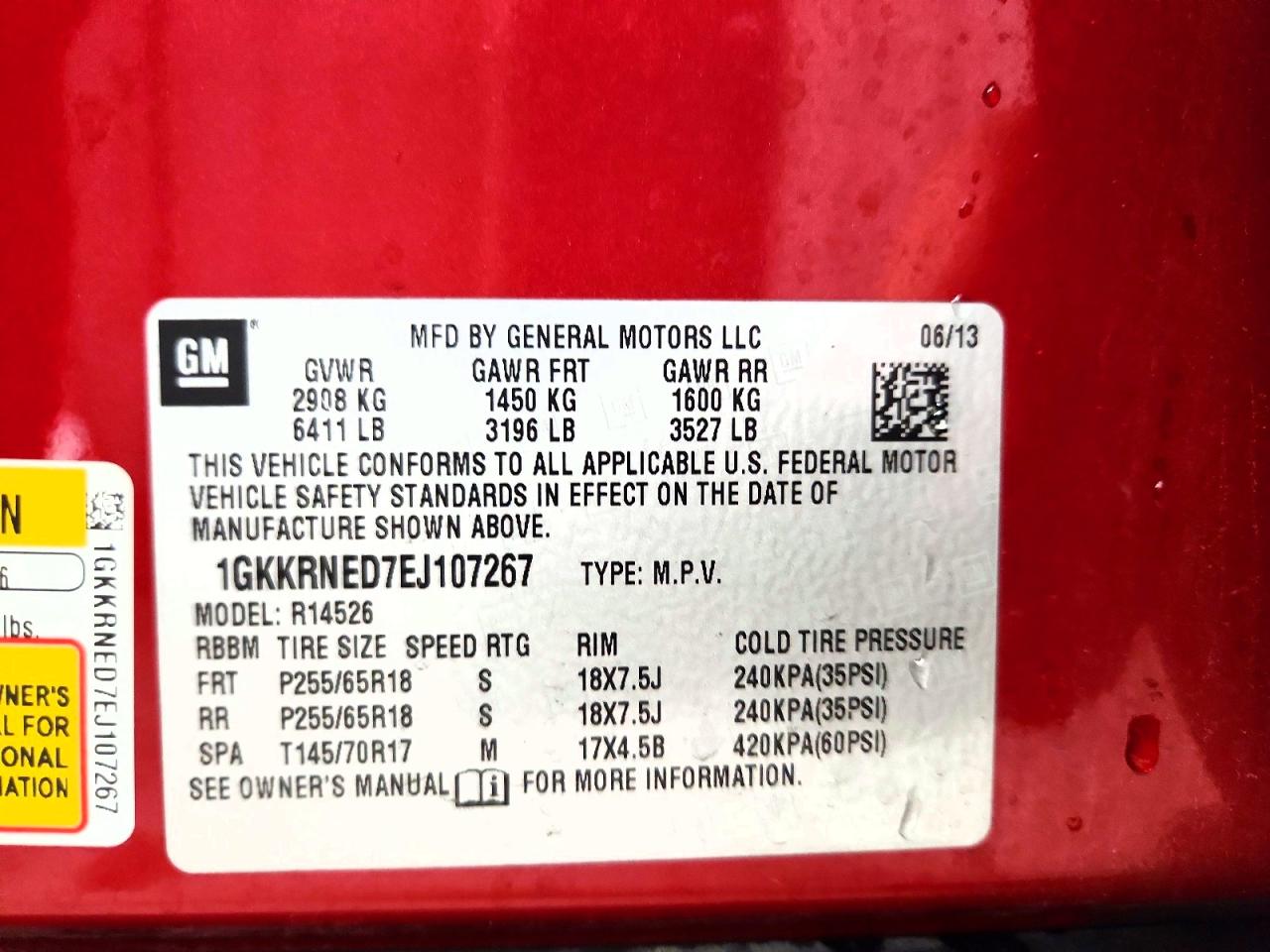 2014 Gmc Acadia Sle Red vin: 1GKKRNED7EJ107267
