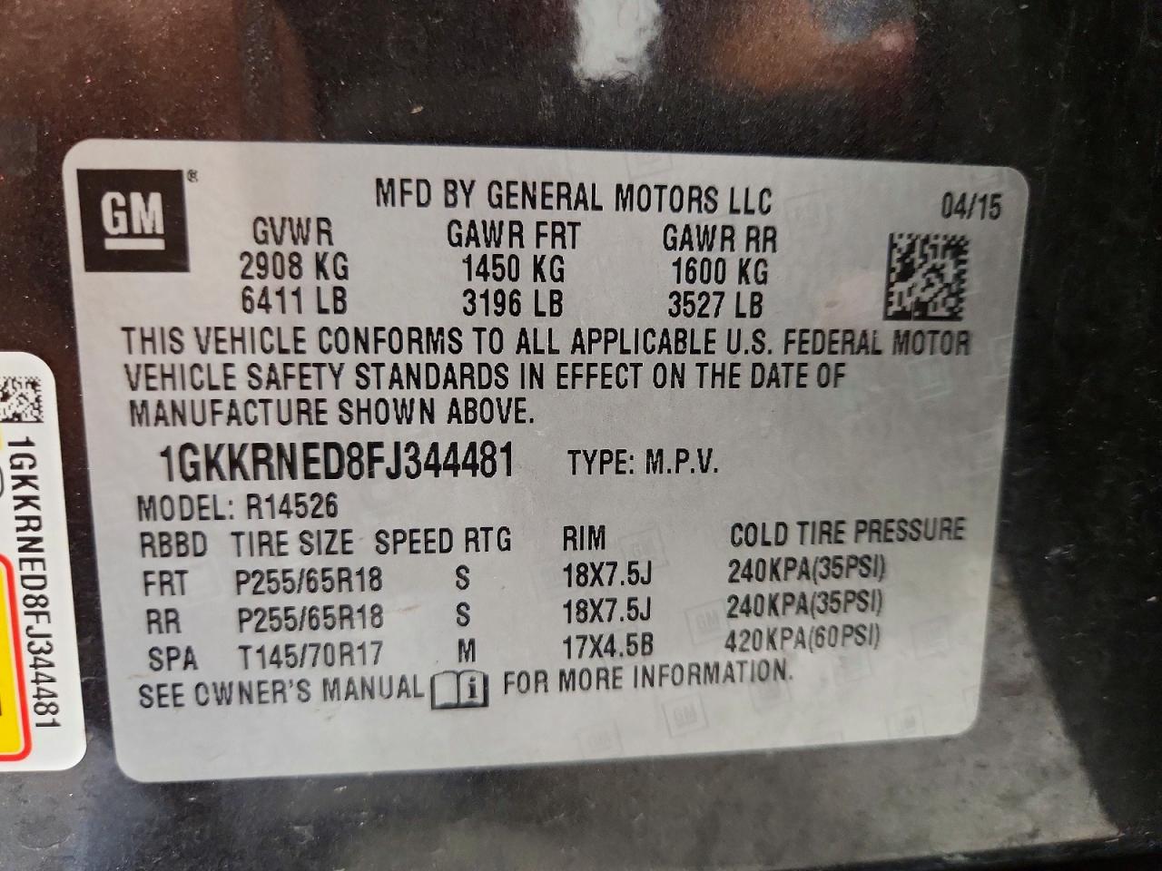 2015 Gmc Acadia Sle Charcoal vin: 1GKKRNED8FJ344481