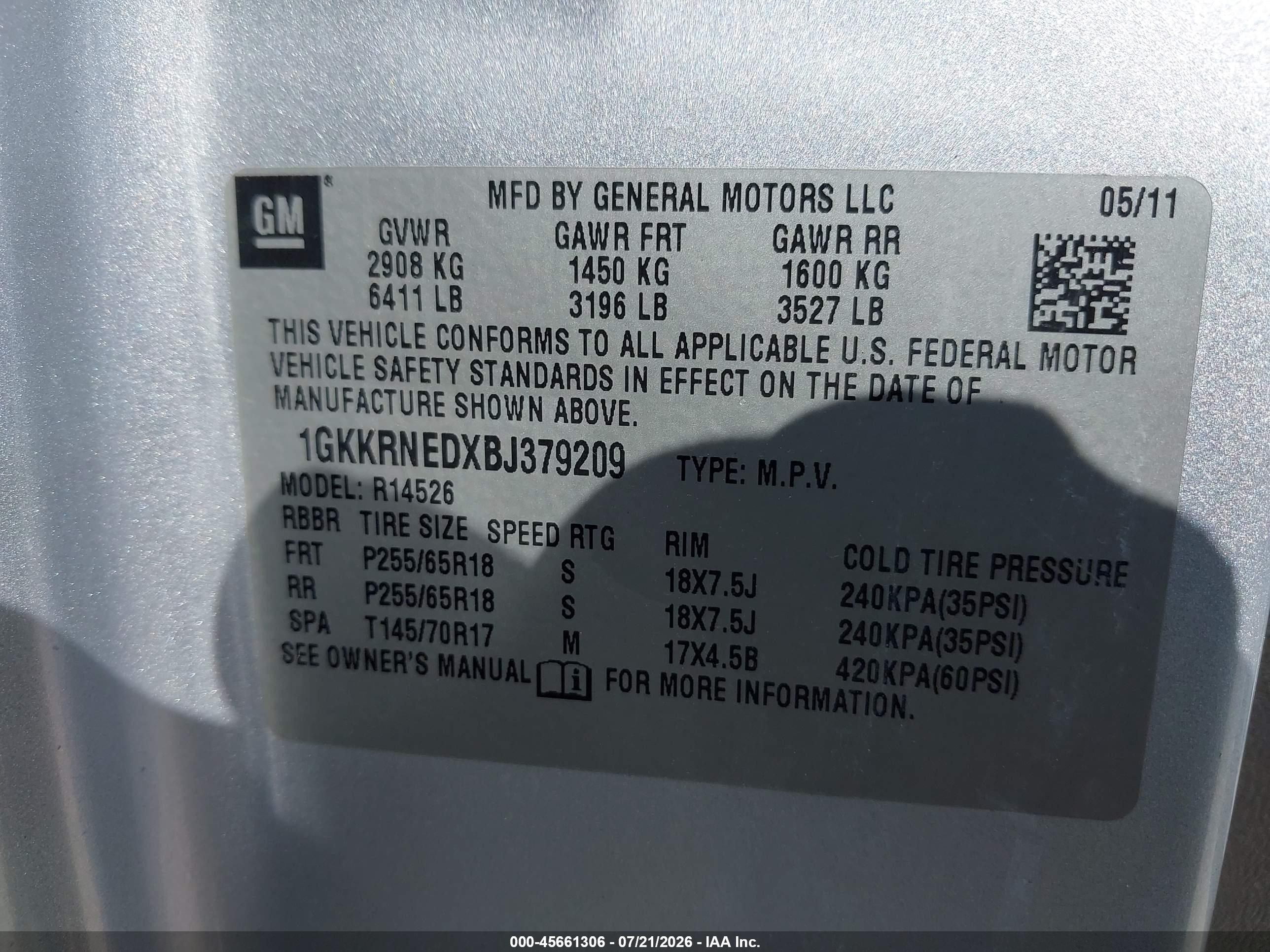 2011 Gmc Acadia Sl Silver vin: 1GKKRNEDXBJ379209