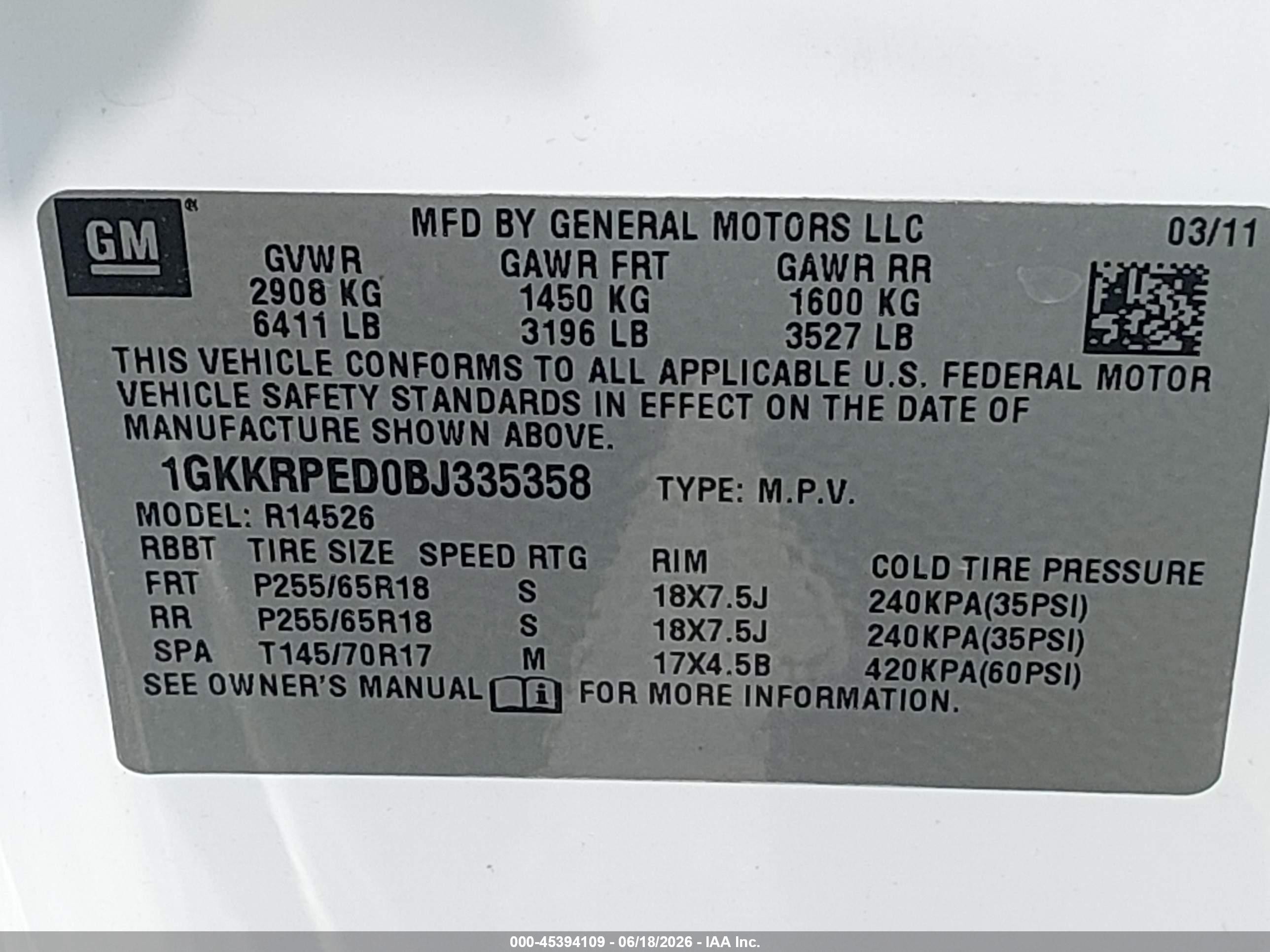 2011 Gmc Acadia Sle White vin: 1GKKRPED0BJ335358