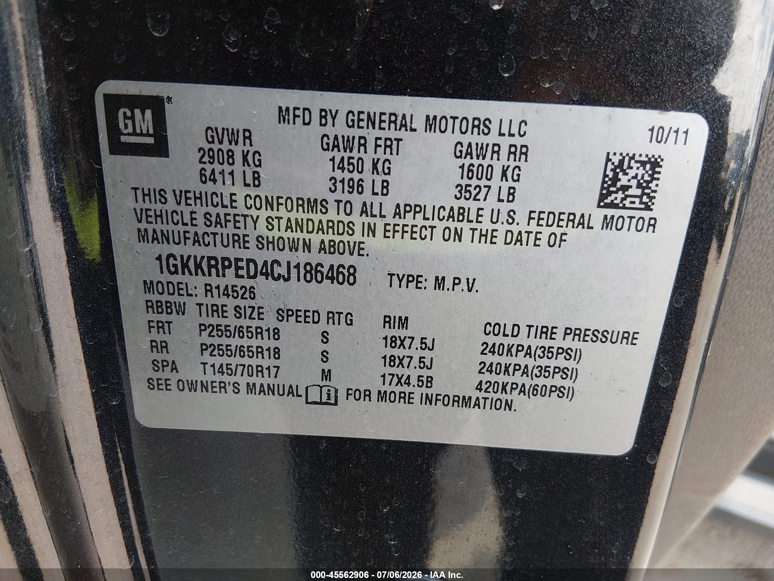 2012 Gmc Acadia Sle Black vin: 1GKKRPED4CJ186468