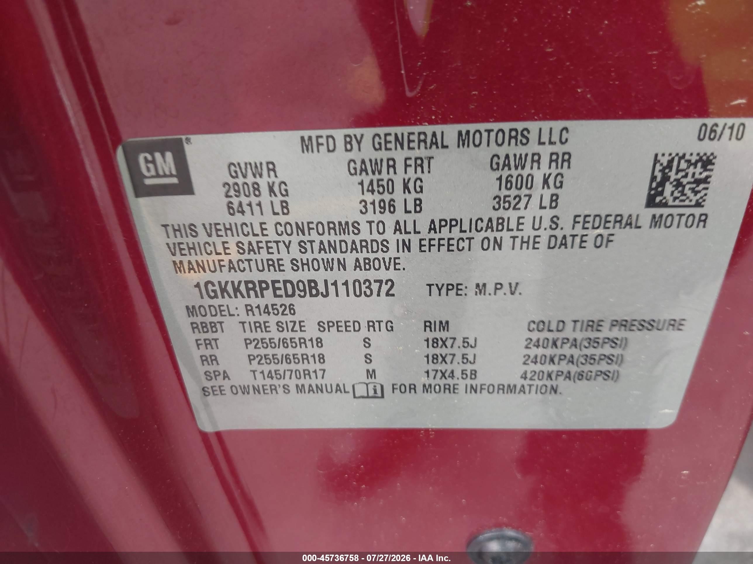 2011 Gmc Acadia Sle Maroon vin: 1GKKRPED9BJ110372