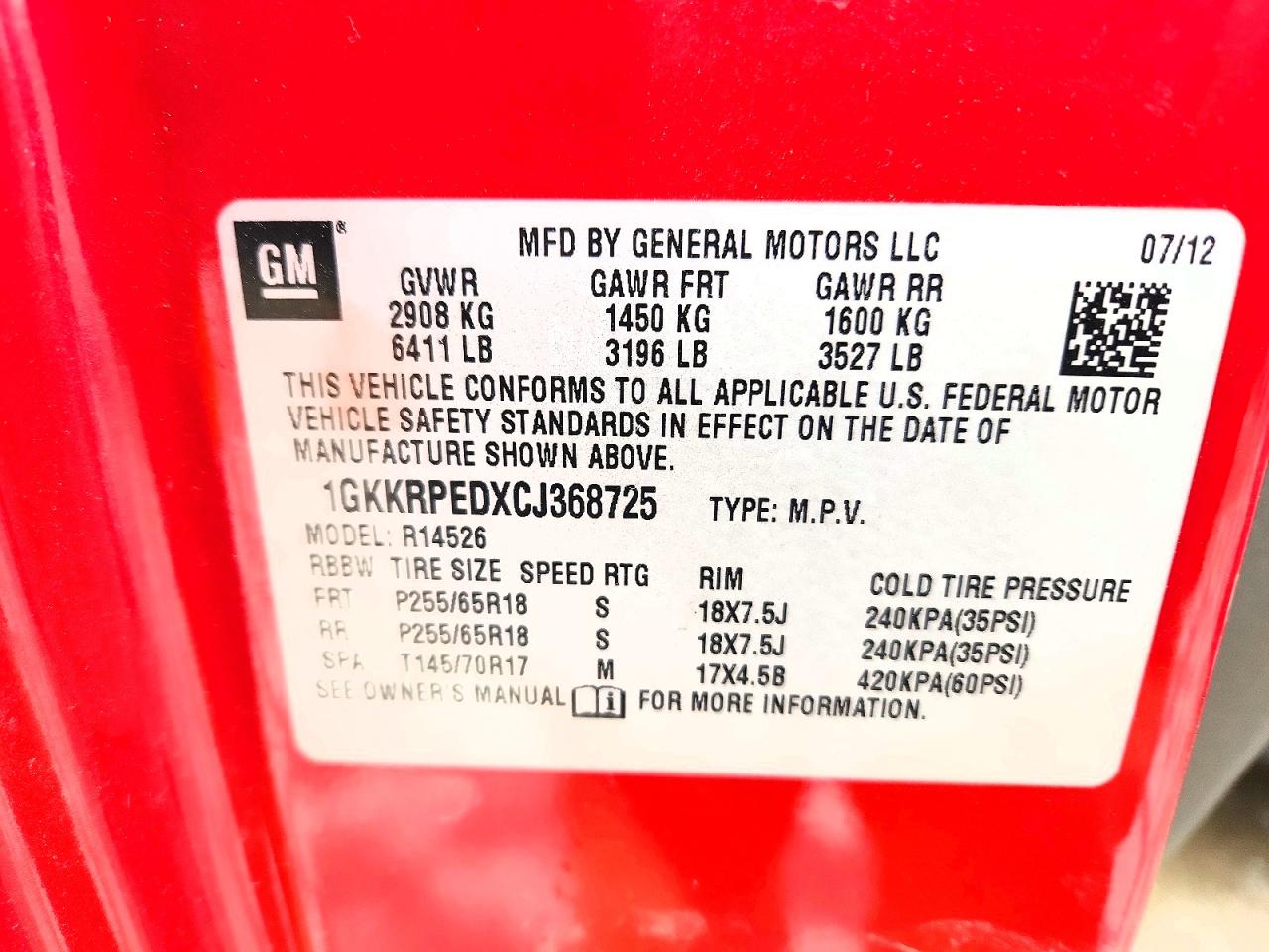 2012 Gmc Acadia Sle Red vin: 1GKKRPEDXCJ368725