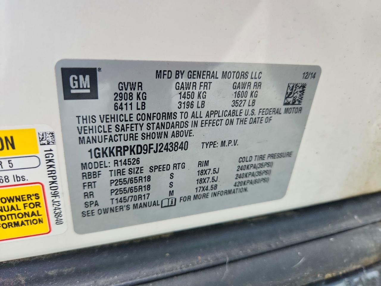 2015 Gmc Acadia Sle White vin: 1GKKRPKD9FJ243840