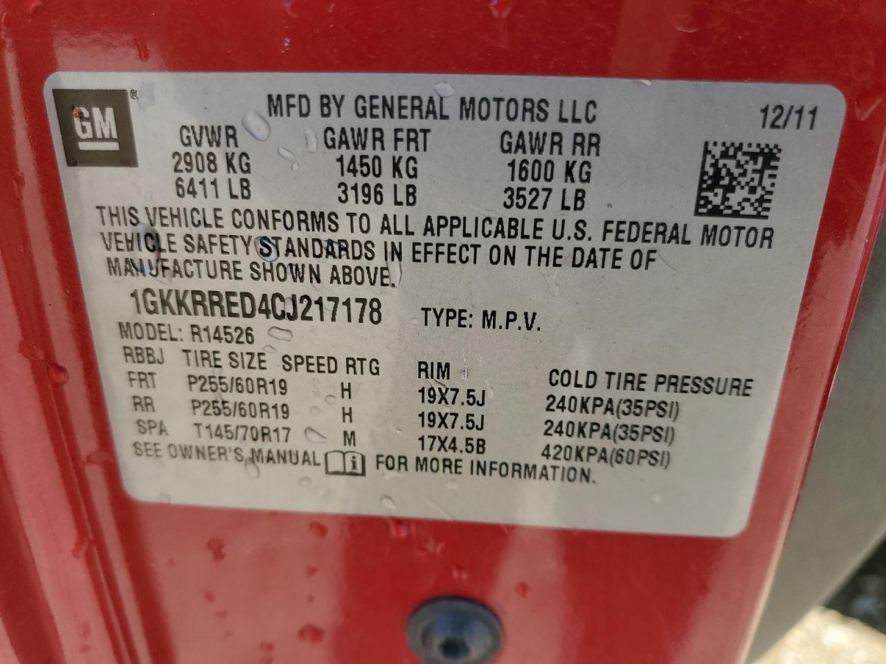2012 Gmc Acadia Slt-1 Red vin: 1GKKRRED4CJ217178